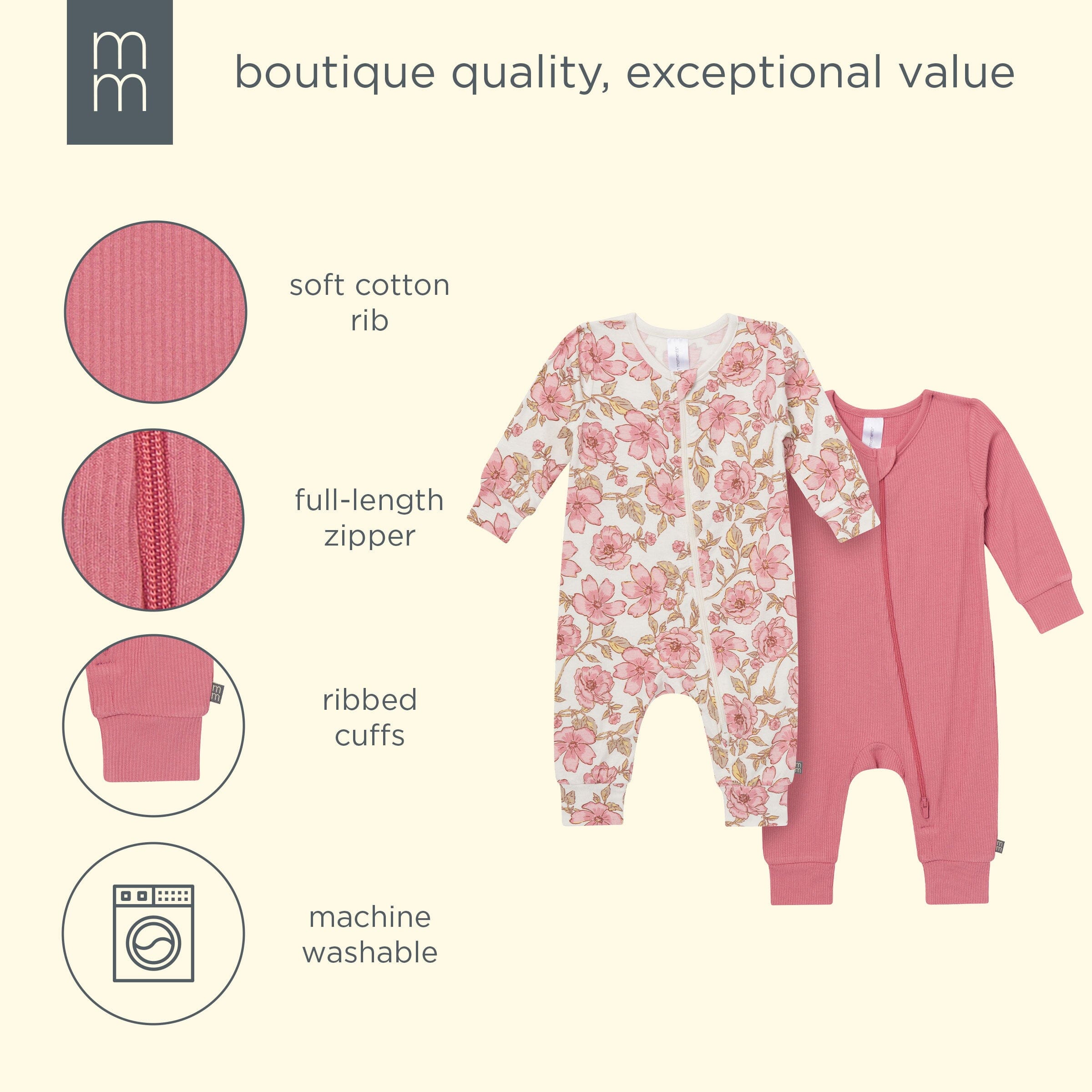 2-Pack Baby Girls Pink Flower Zip Front Viscose Rompers - Image 14