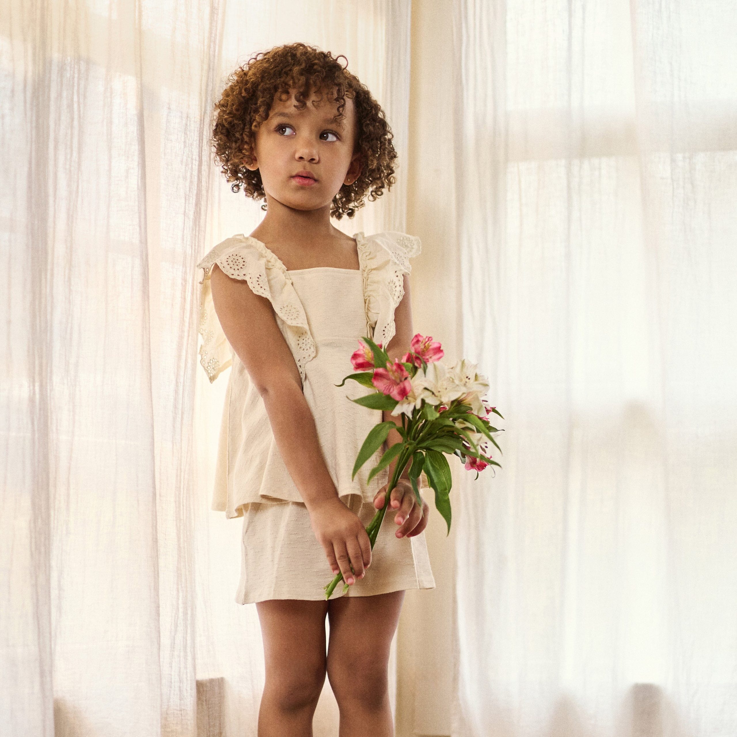2-Piece Girls Off White Eyelet Top and Shorts Set - Image 2