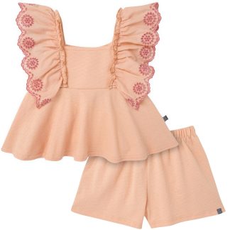 2-Piece Infant & Kids Girls Apricot Cream Eyelet Top and Shorts Set