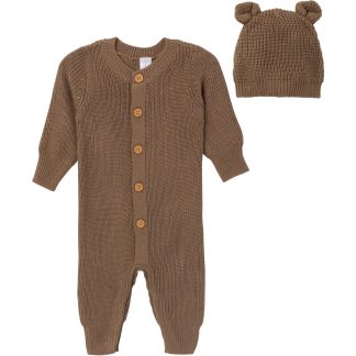 2-Piece Baby Neutral Brown Sweater Romper & Hat Set