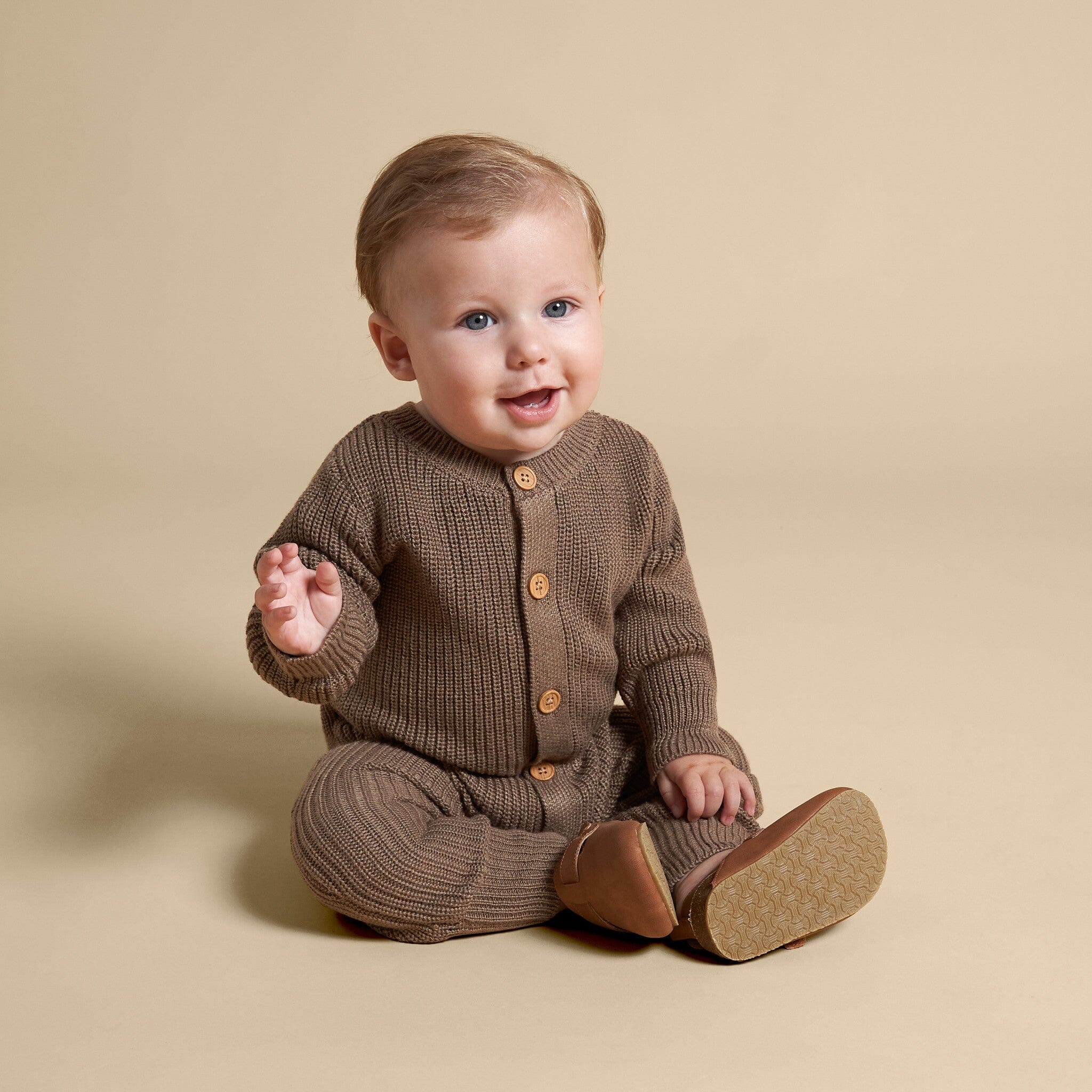 2-Piece Baby Neutral Brown Sweater Romper & Hat Set - Image 2