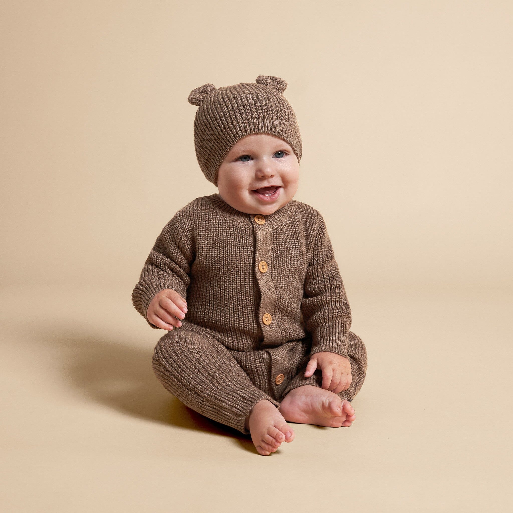 2-Piece Baby Neutral Brown Sweater Romper & Hat Set - Image 3