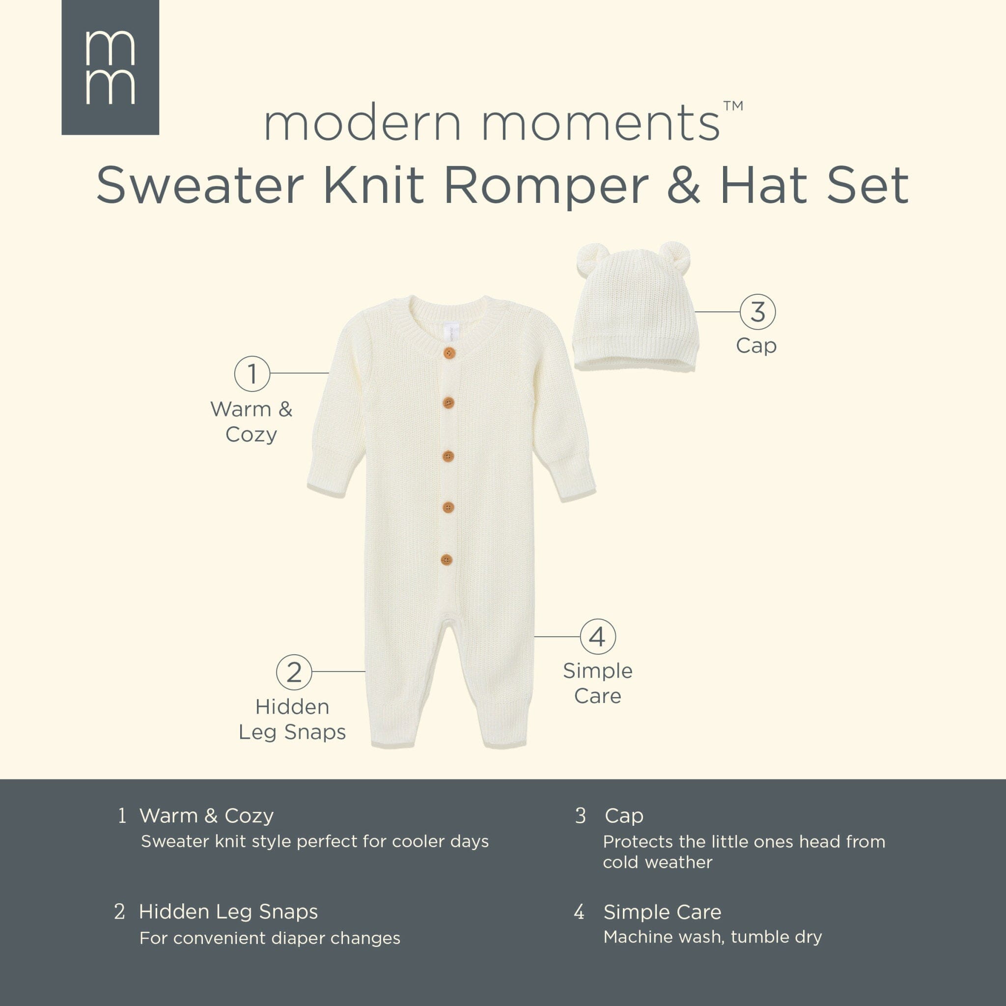 2-Piece Baby Neutral Brown Sweater Romper & Hat Set - Image 10