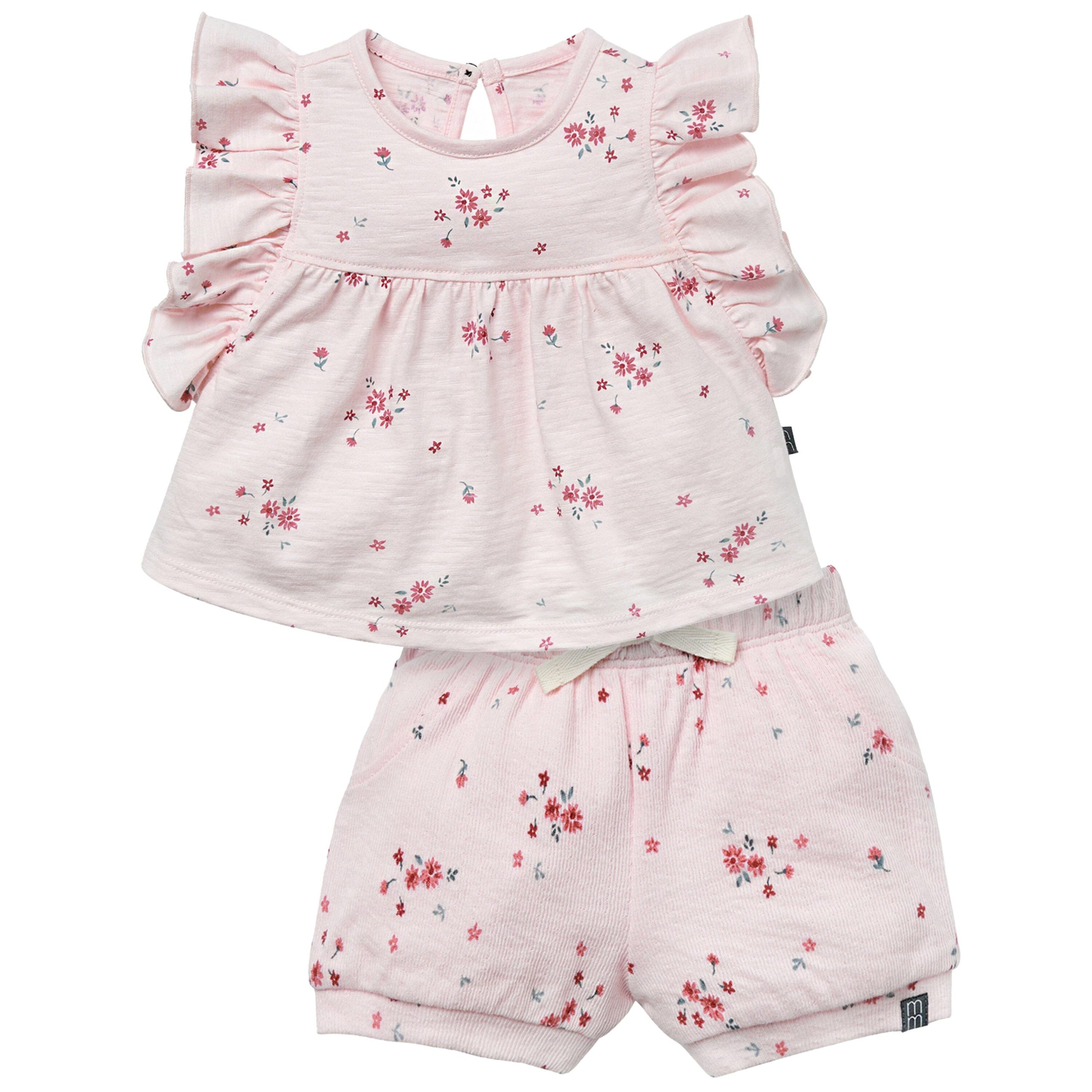 2-Piece Baby Girls Light Pink Floral Ruffled Sleeve Top & Cuffed Shorts Set
