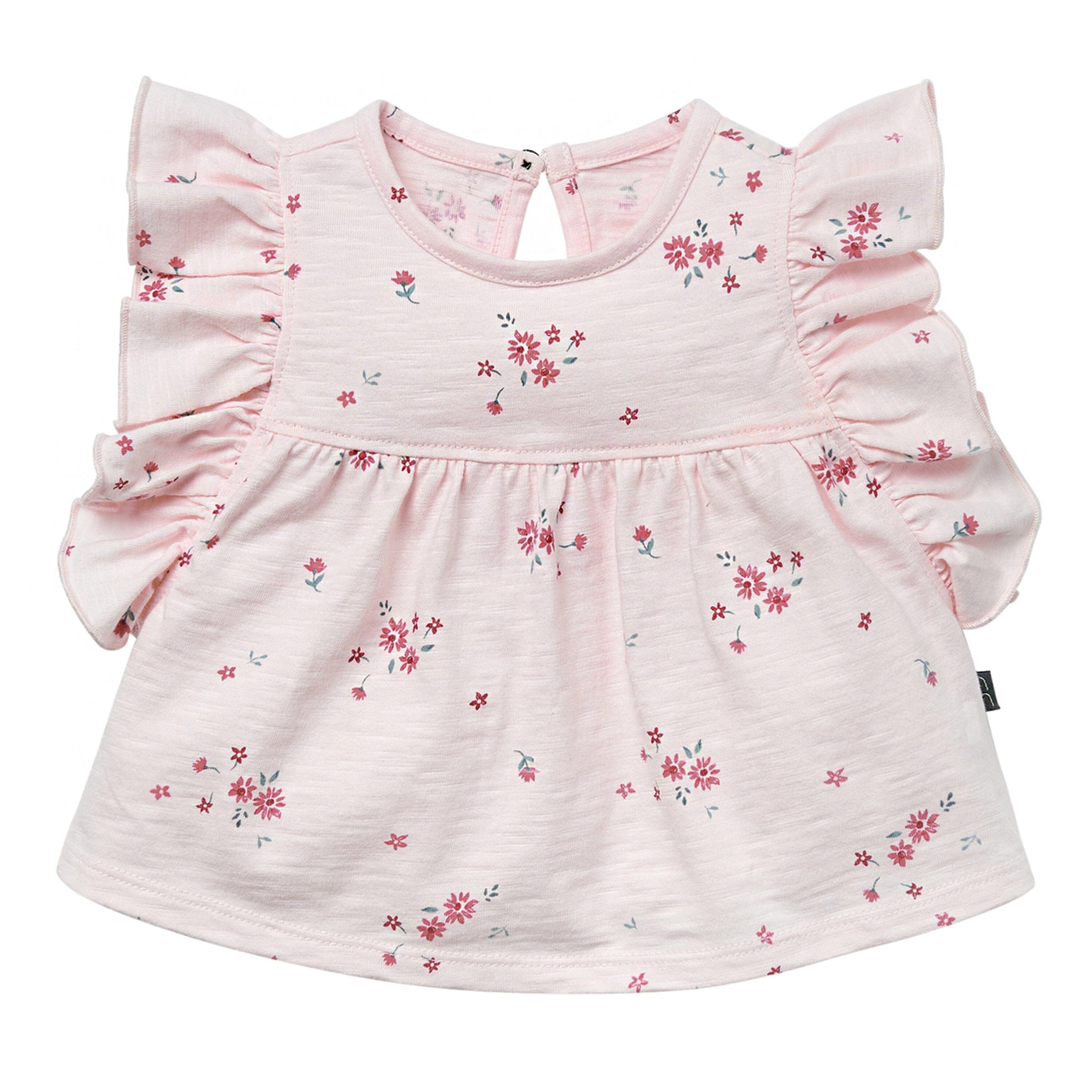 2-Piece Baby Girls Light Pink Floral Ruffled Sleeve Top & Cuffed Shorts Set - Image 4