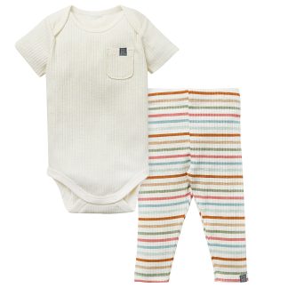 2-Piece Baby Neutral Ivory Stripe Short Sleeve Bodysuit & Pants Set