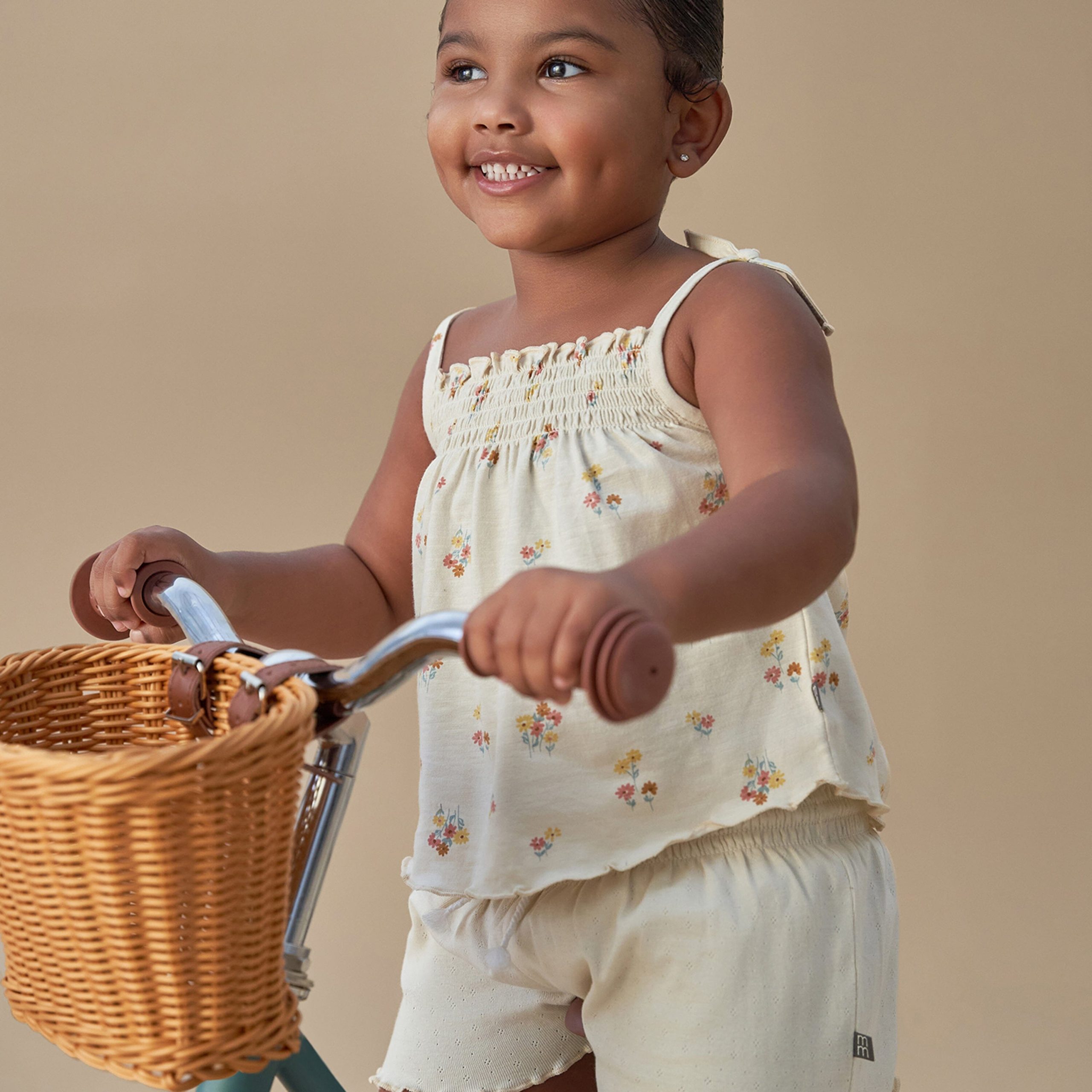 2-Piece Infant & Toddler Girls Beige Flowers Smocked Sleeveless Top & Wide Leg Shorts Set - Image 2