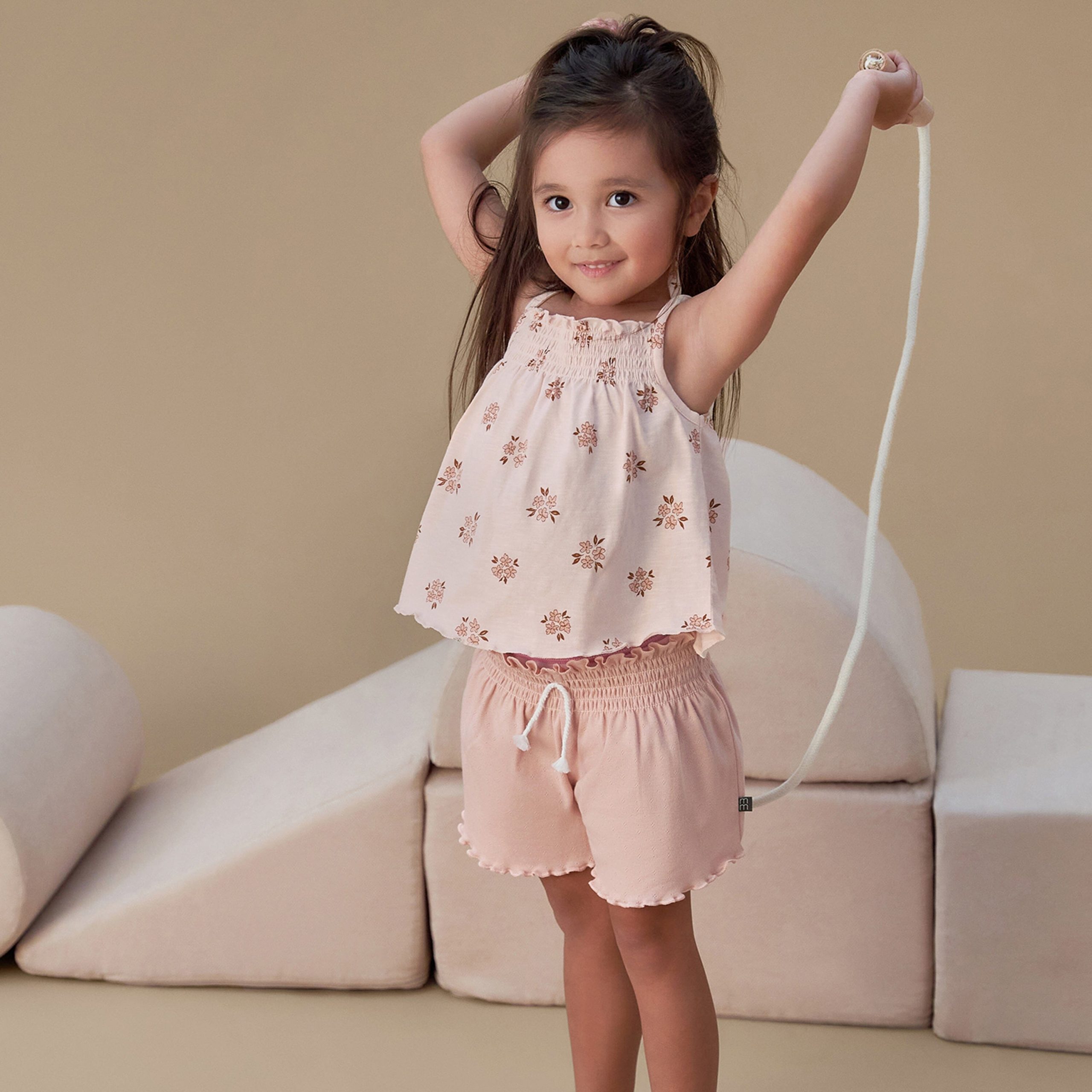 2-Piece Infant & Toddler Girls Rose Floral Smocked Sleeveless Top & Wide Leg Shorts Set - Image 2