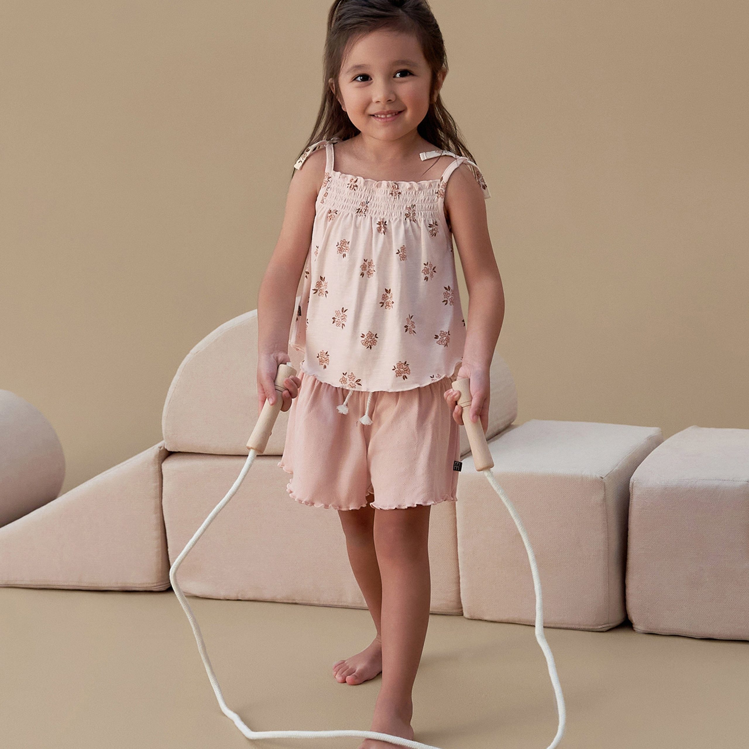 2-Piece Infant & Toddler Girls Rose Floral Smocked Sleeveless Top & Wide Leg Shorts Set - Image 3