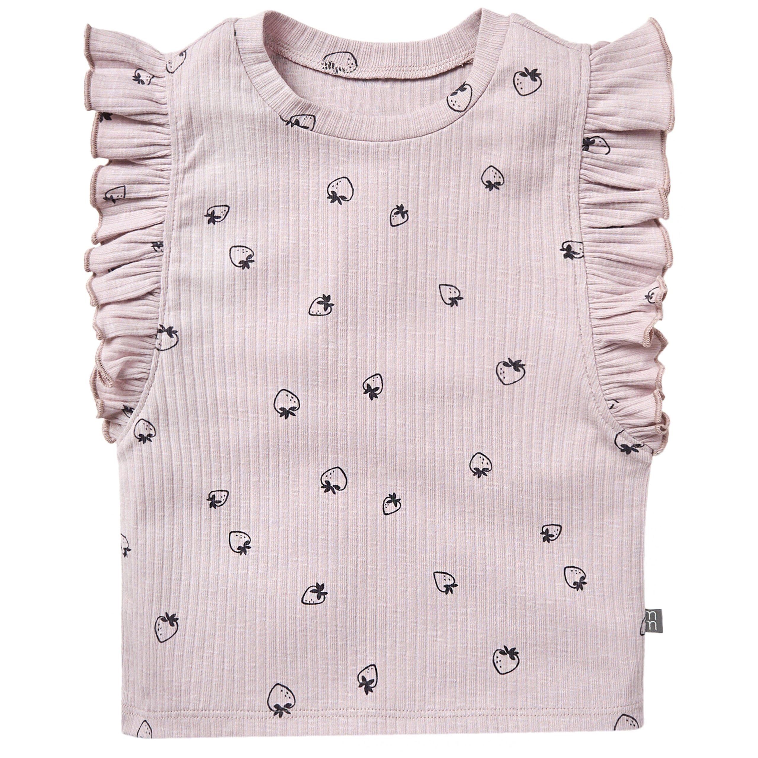 2-Piece Infant & Toddler Girls Lilac Strawberry Ruffled Sleeveless Top & Wide Leg Shorts Set - Image 2