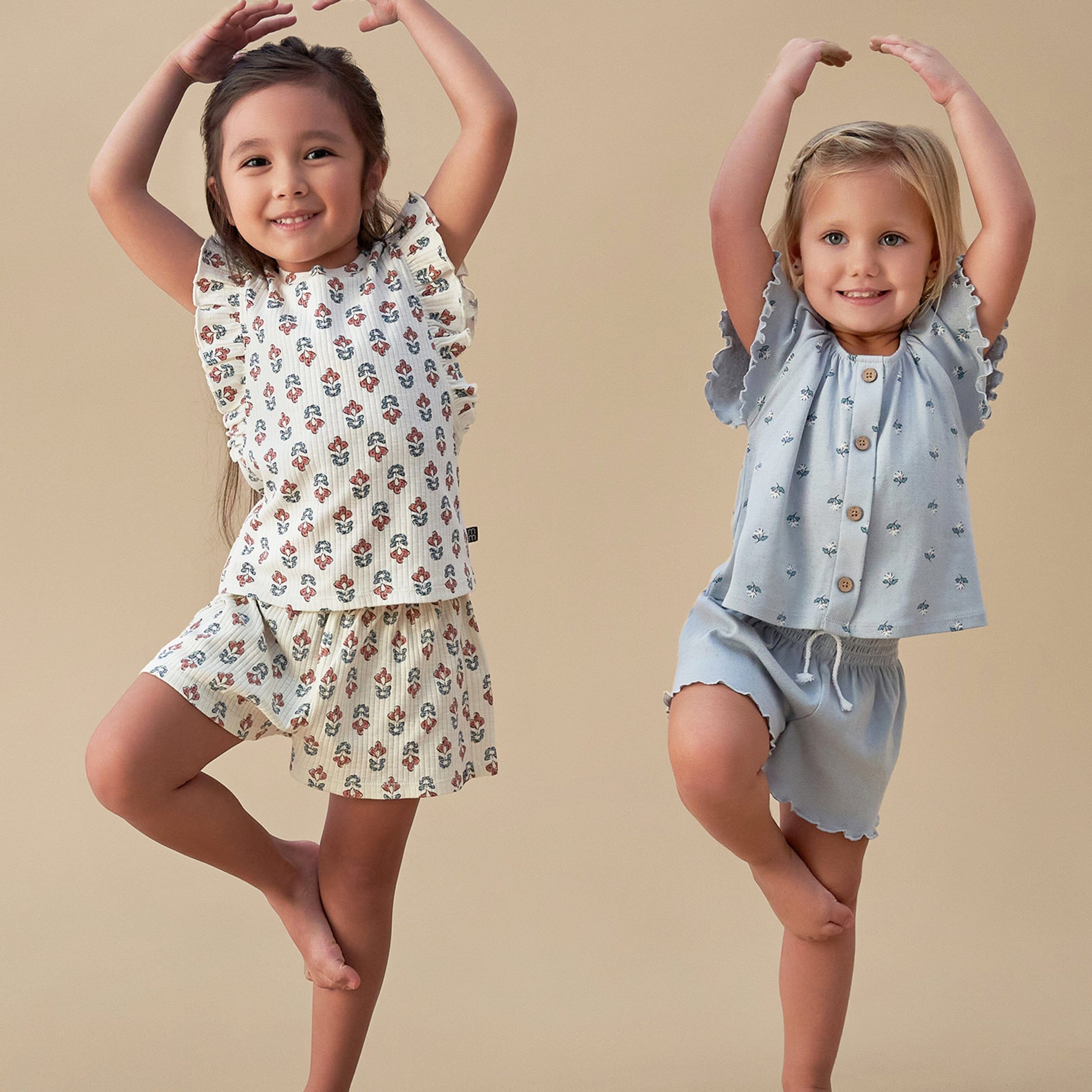 2-Piece Infant & Toddler Girls Ivory Flower Ruffled Sleeveless Top & Wide Leg Shorts Set - Image 3