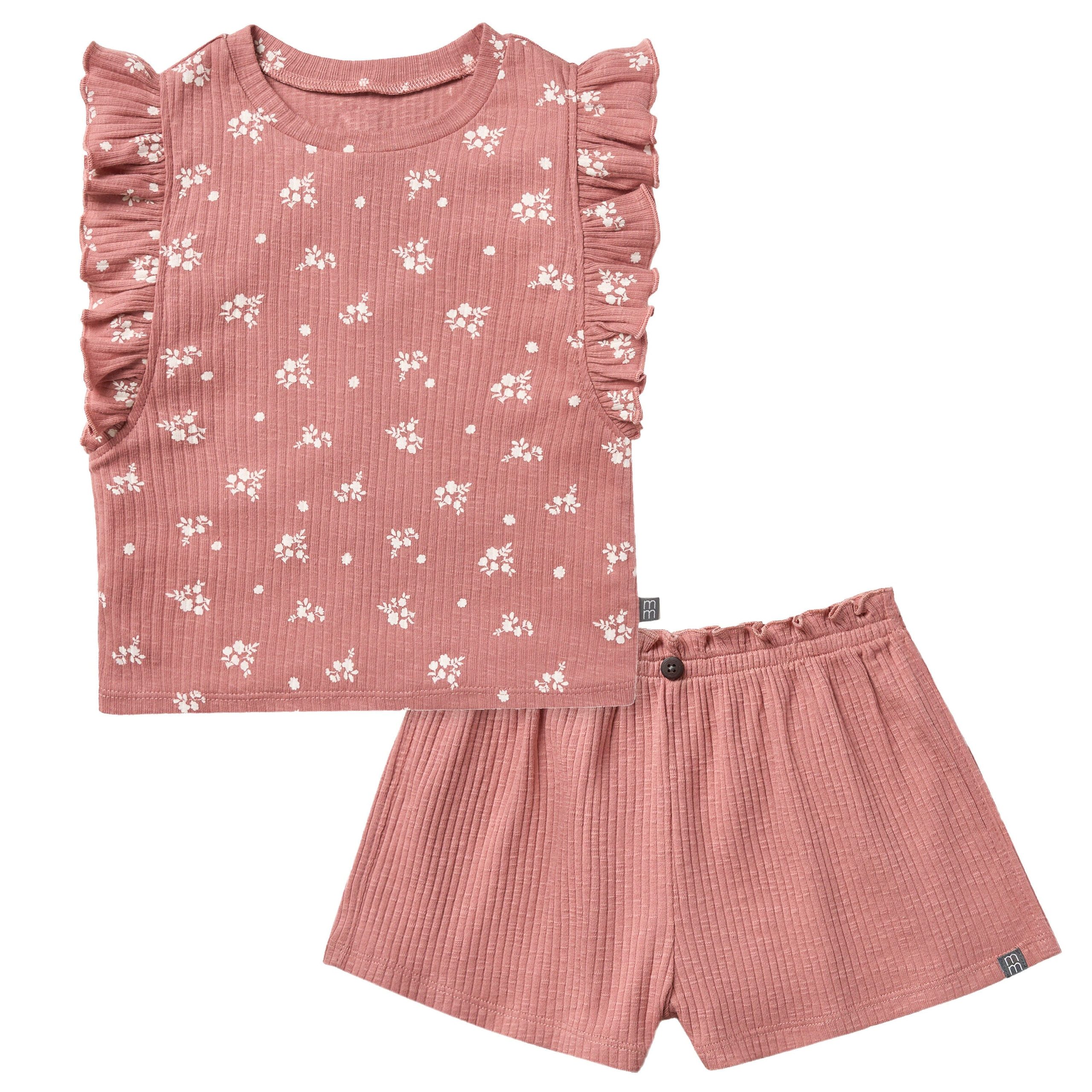 2-Piece Infant & Toddler Girls Rose Ruffled Sleeveless Top & Wide Leg Shorts Set