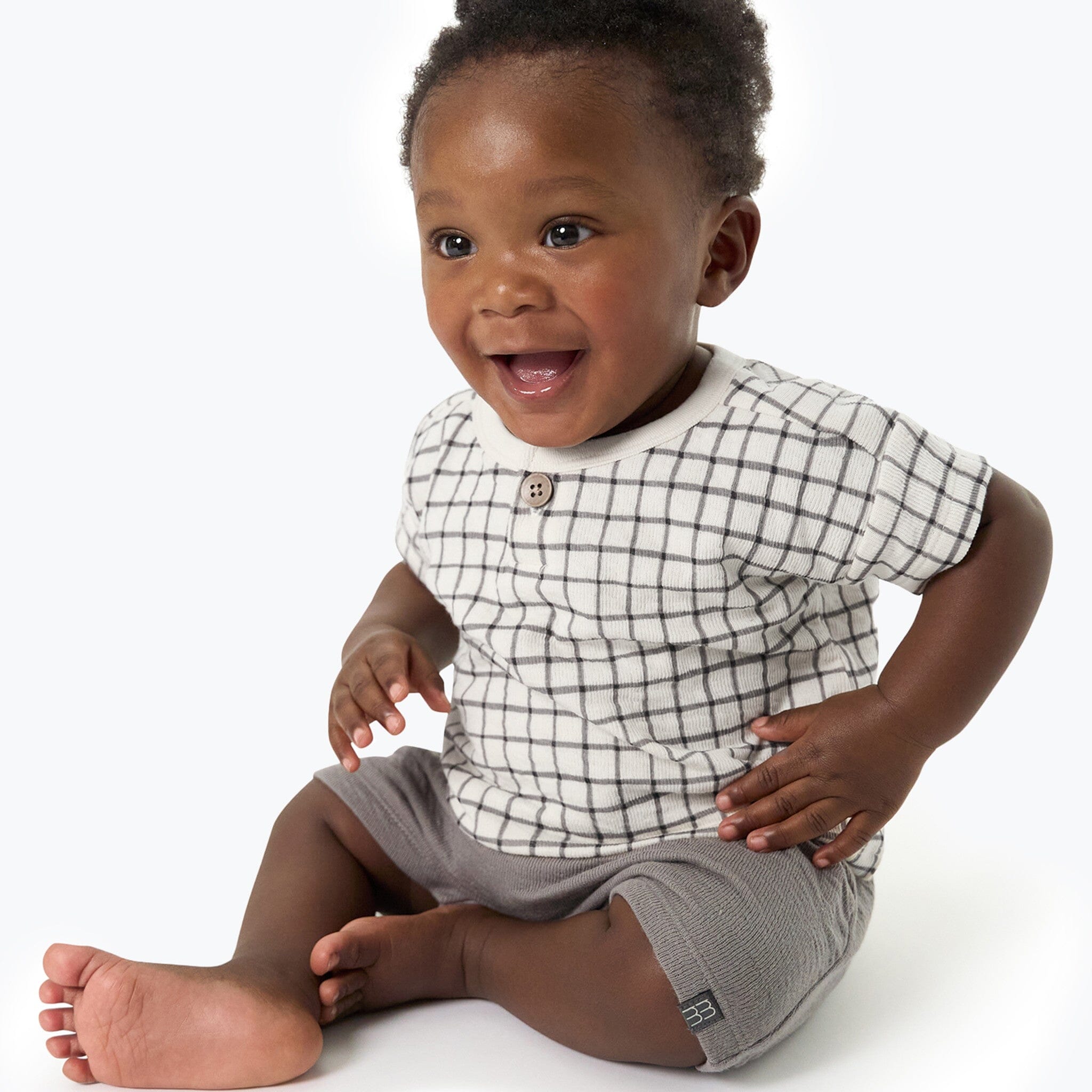 Baby Boys Grey Plaid Henley Drop Shoulder Top - Image 3