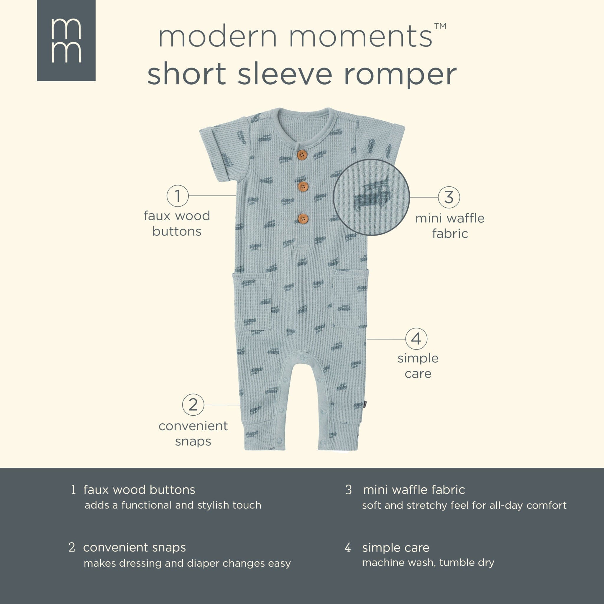 Baby Boys Teal Buggy Short Sleeve Long Leg Romper - Image 5