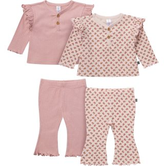 4-Piece Baby Girls Pink Petite Ditsy Henley Ruffle Tops and Pants Set