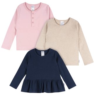 3-Pack Infant & Toddler Girls Navy, Oatmeal & Pink Long Sleeve Shirts