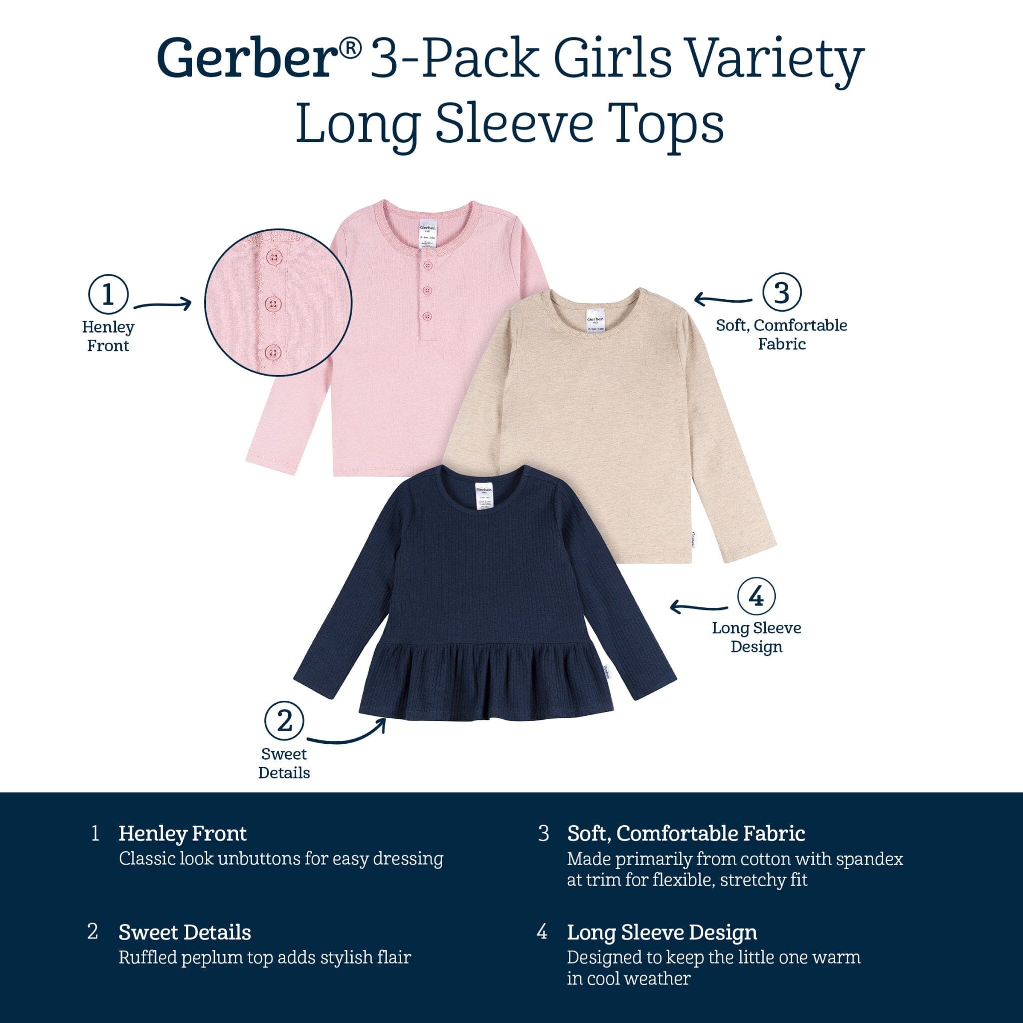 3-Pack Infant & Toddler Girls Navy, Oatmeal & Pink Long Sleeve Shirts - Image 10
