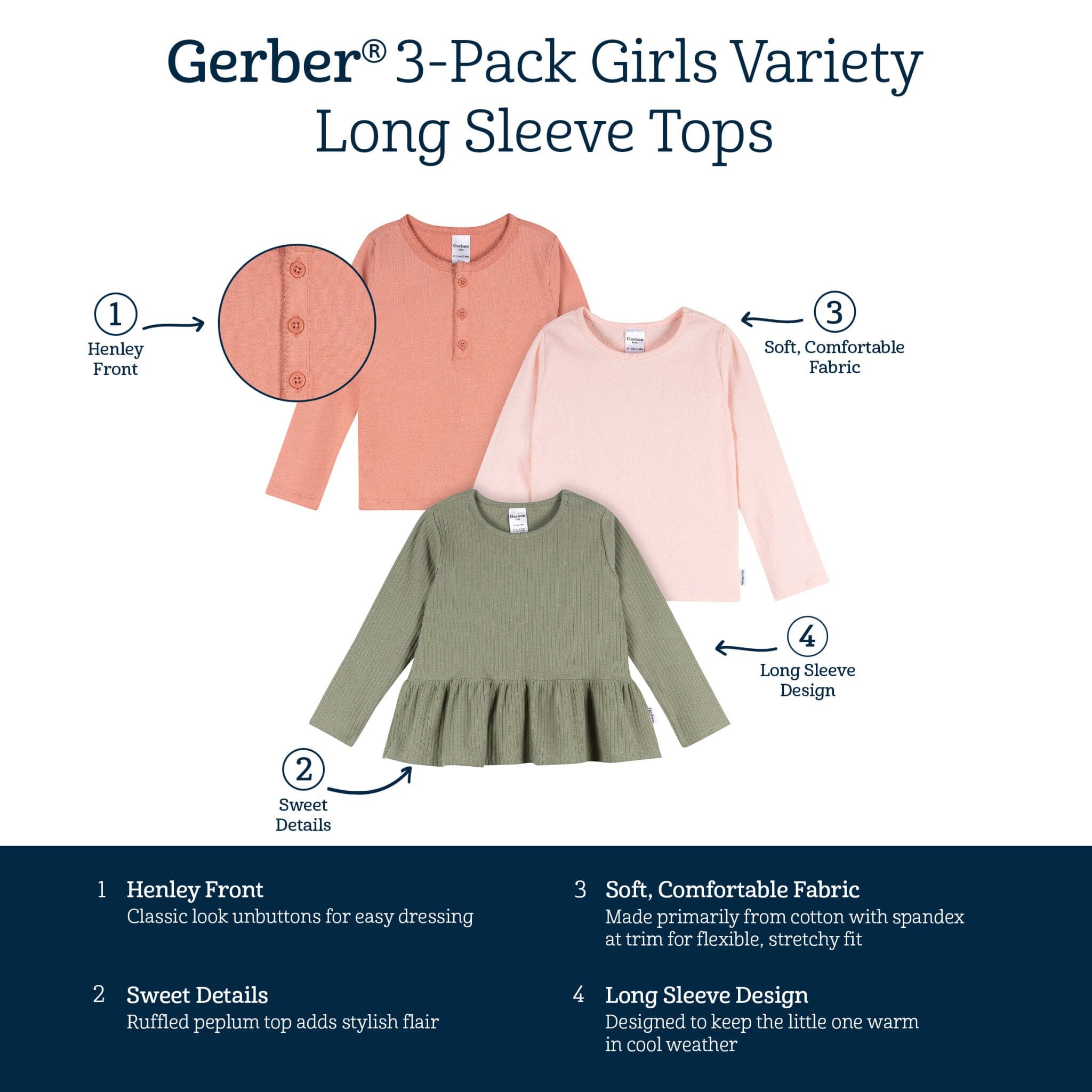 3-Pack Infant & Toddler Girls Green, Pink, & Coral Long Sleeve Shirts - Image 7