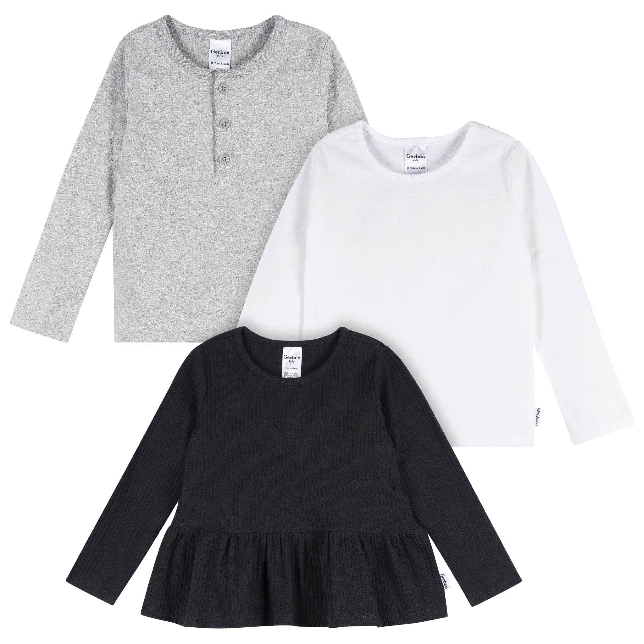 3-Pack Infant & Toddler Girls Black, White, & Grey Long Sleeve Shirts