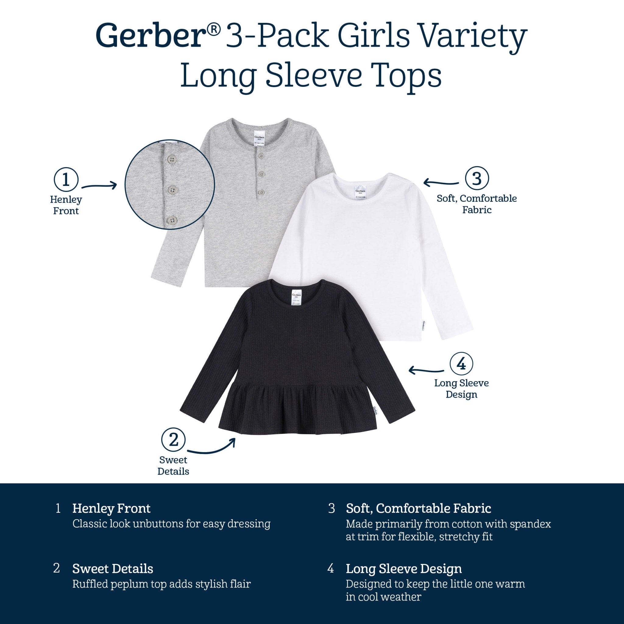 3-Pack Infant & Toddler Girls Black, White, & Grey Long Sleeve Shirts - Image 7