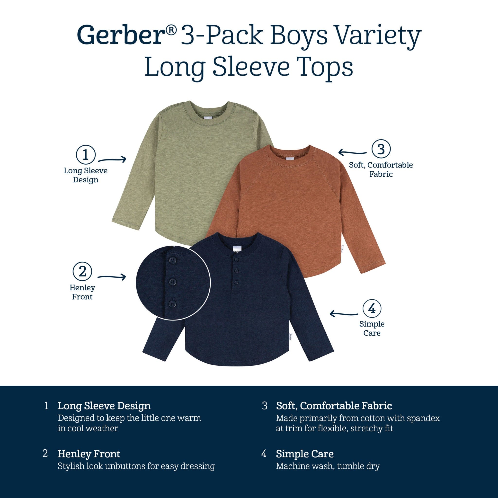 3-Pack Infant & Toddler Boys Green, Brown, & Navy Long Sleeve Shirts - Image 6
