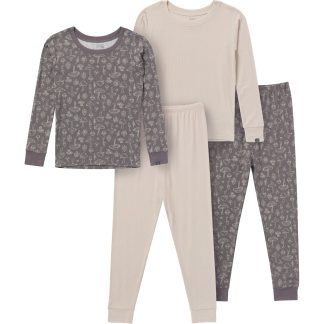 4-Piece Neutral Mushrooms Viscose Snug Fit Pajama Set