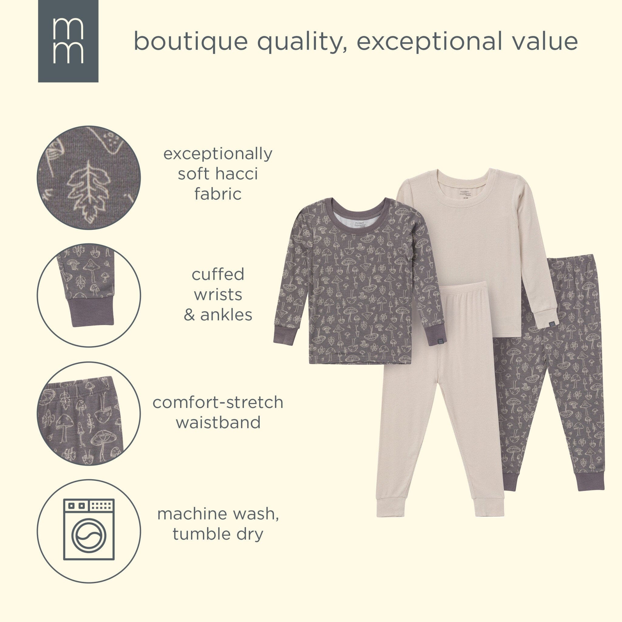 4-Piece Neutral Mushrooms Viscose Snug Fit Pajama Set - Image 10