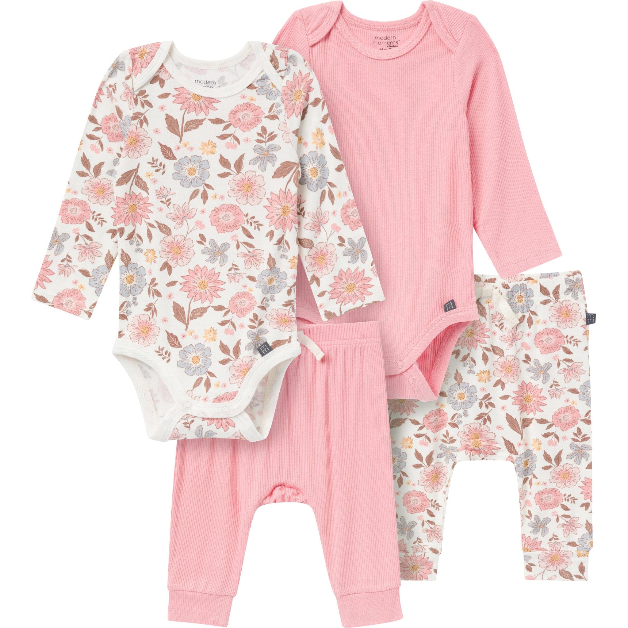 4-Piece Baby Girls Peach Floral Viscose Bodysuits and Pants Set