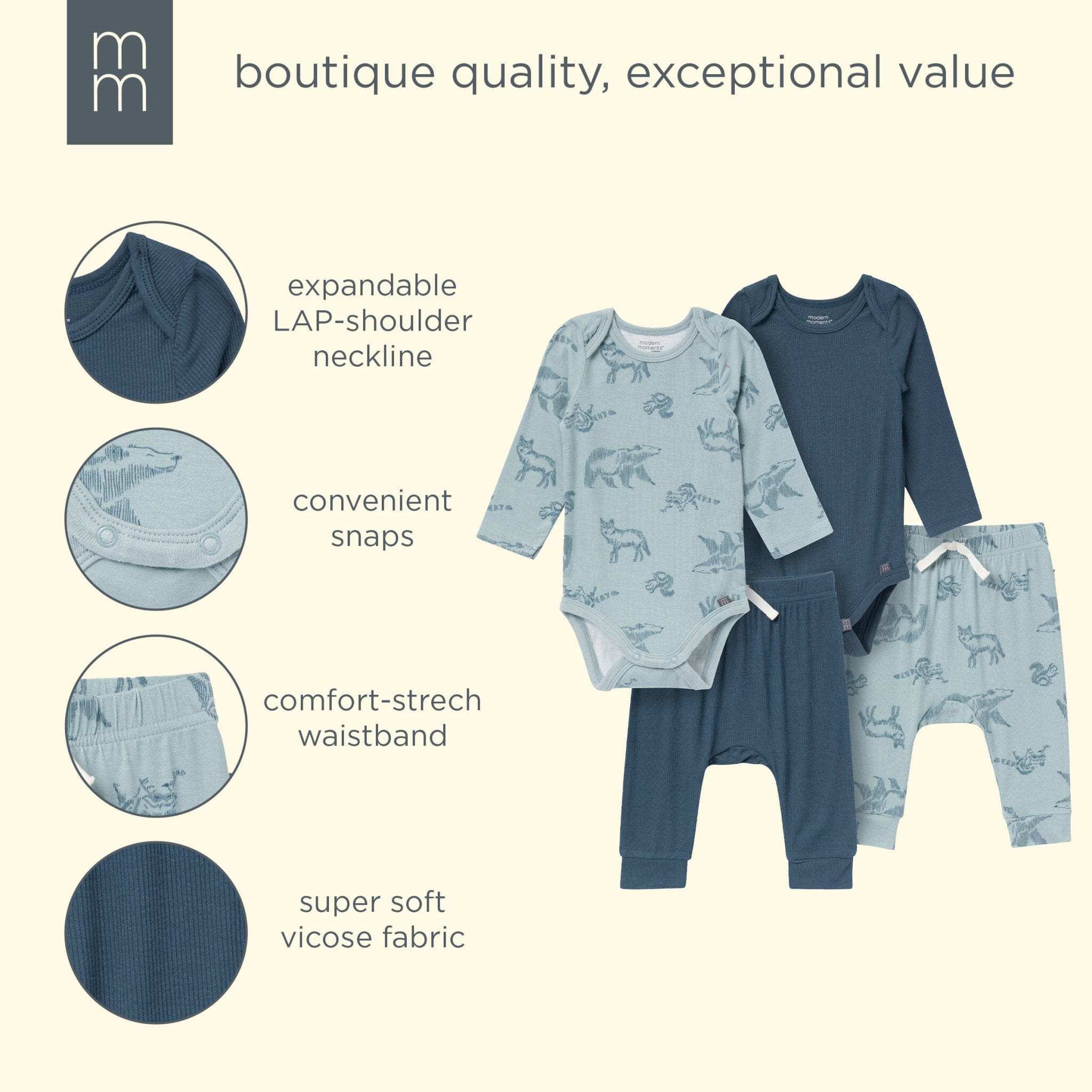 4-Piece Baby Boys Woodland Animals Viscose Bodysuits and Pants Set - Image 10