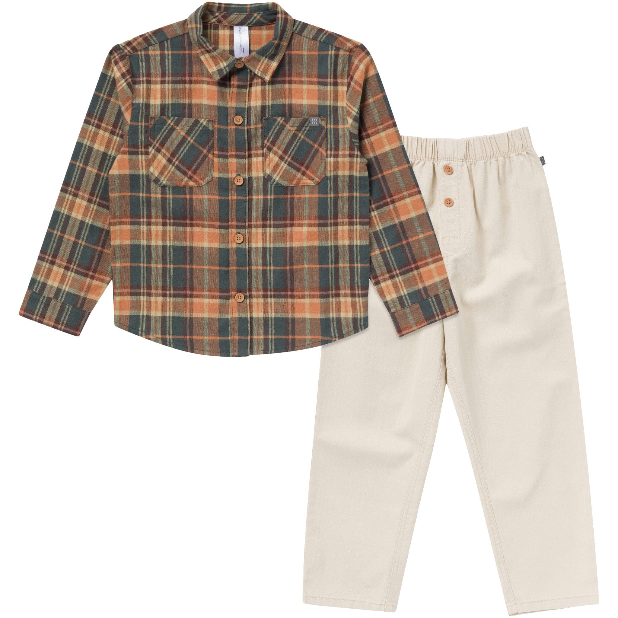 2-Piece Boys Orange Plaid Shirt and Pant Set