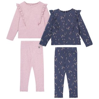 4-Piece Infant & Toddler Girls Purple Flowers Ruffle Tops and Leggings Set