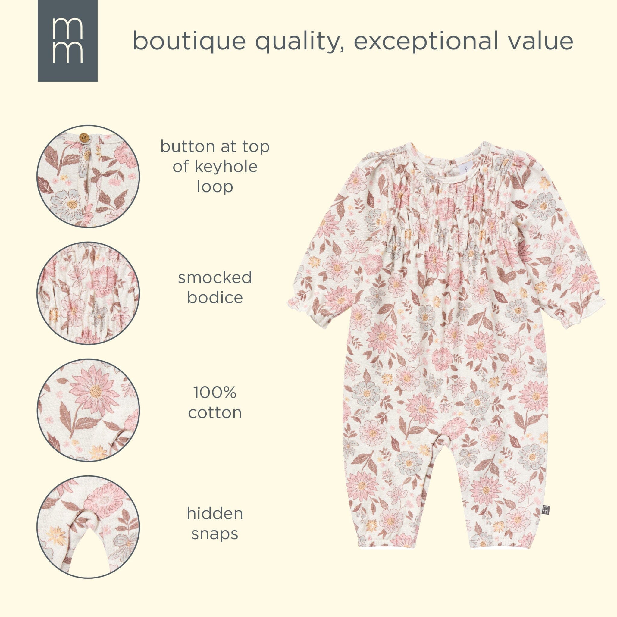 Baby Girls Flower Blossoms Smocked Long Leg Romper - Image 7