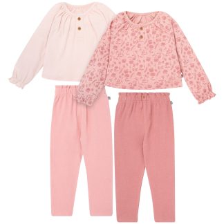 4-Piece Girls Rose Henley Tops and Paperbag Pants Set
