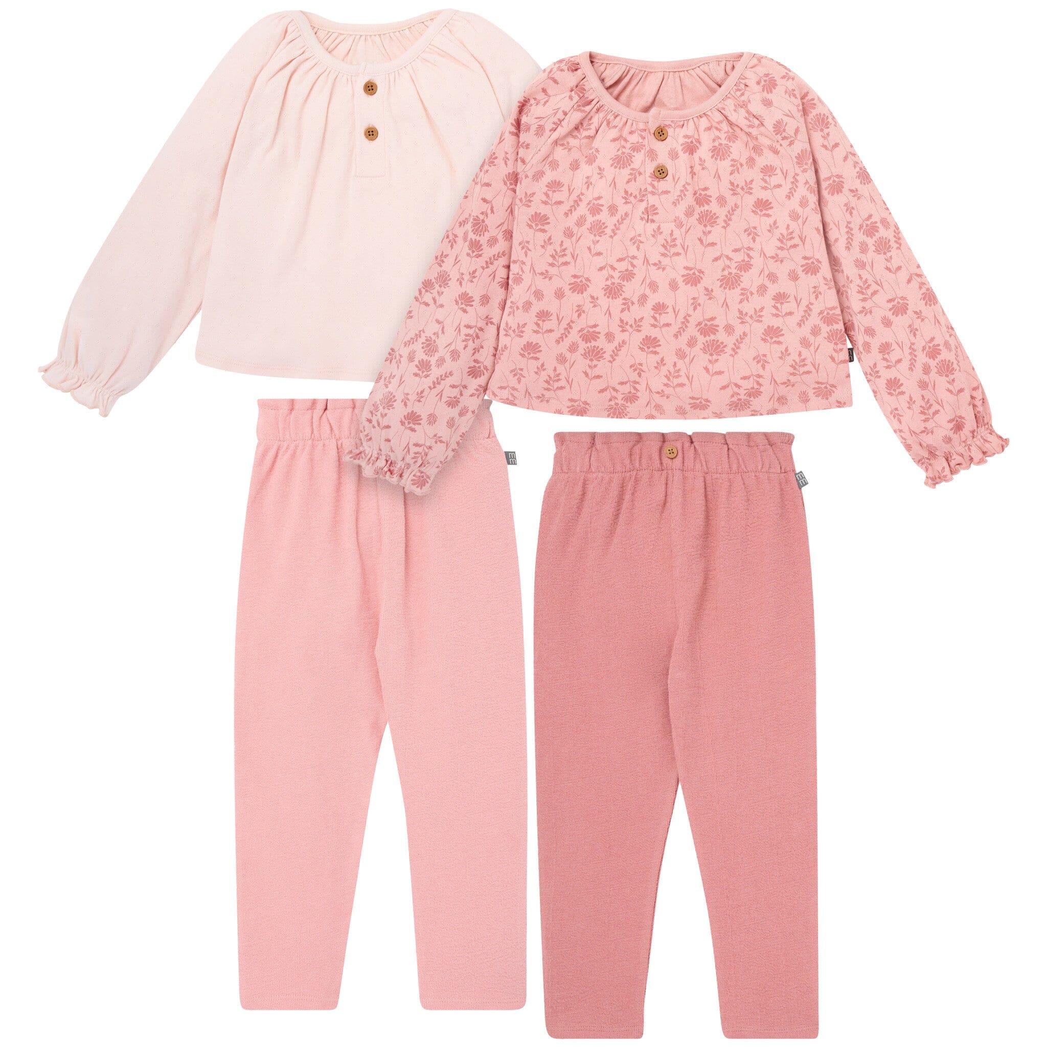 4-Piece Girls Rose Henley Tops and Paperbag Pants Set