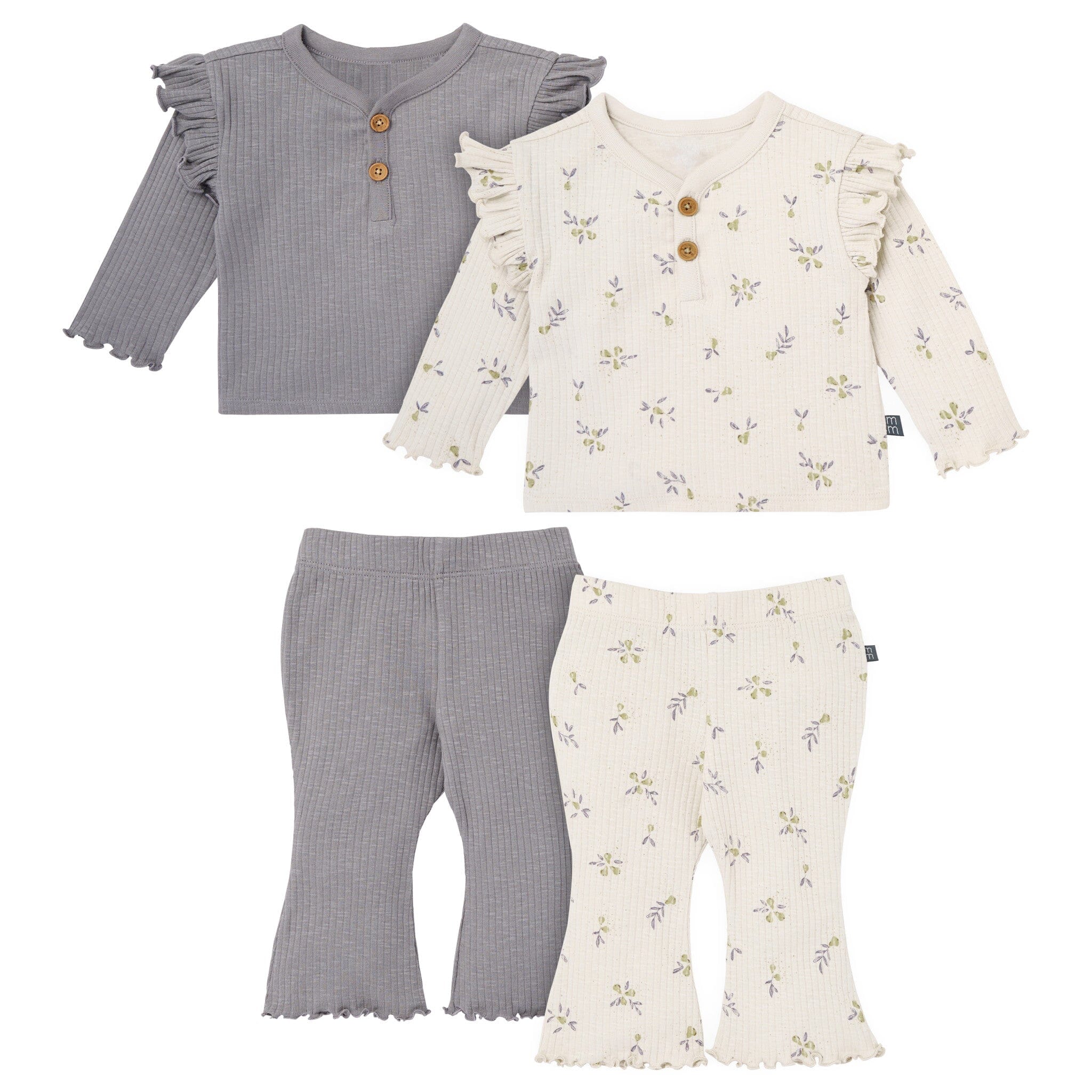 4-Piece Baby Girls Pear Henley Ruffle Tops and Pants Set