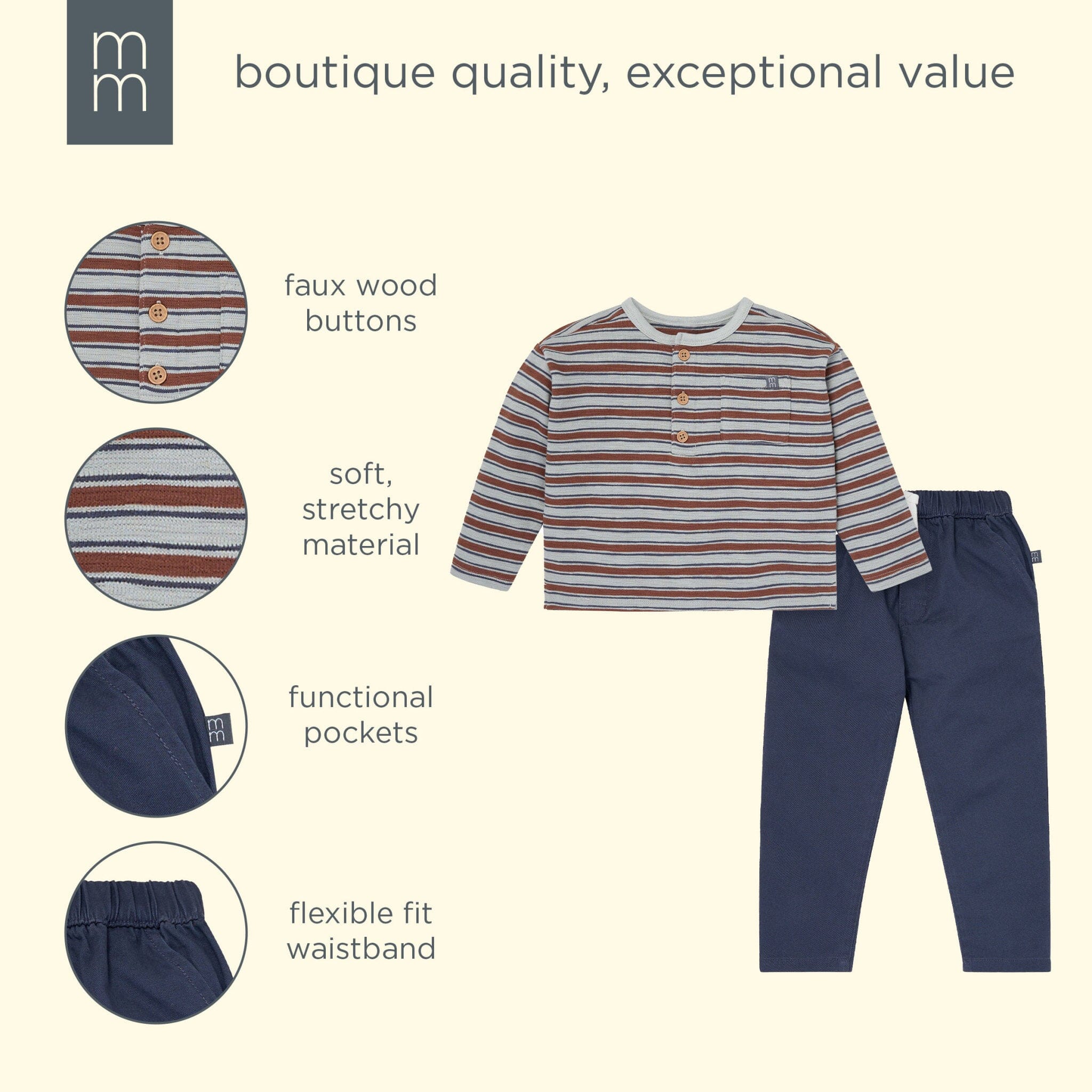 2-Piece Boys Wrought Iron Stripe Henley Top and Pant Set - Image 10