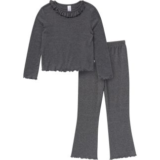 2-Piece Girls Dark Grey Ruffle Collar Top and Flare Pant Set