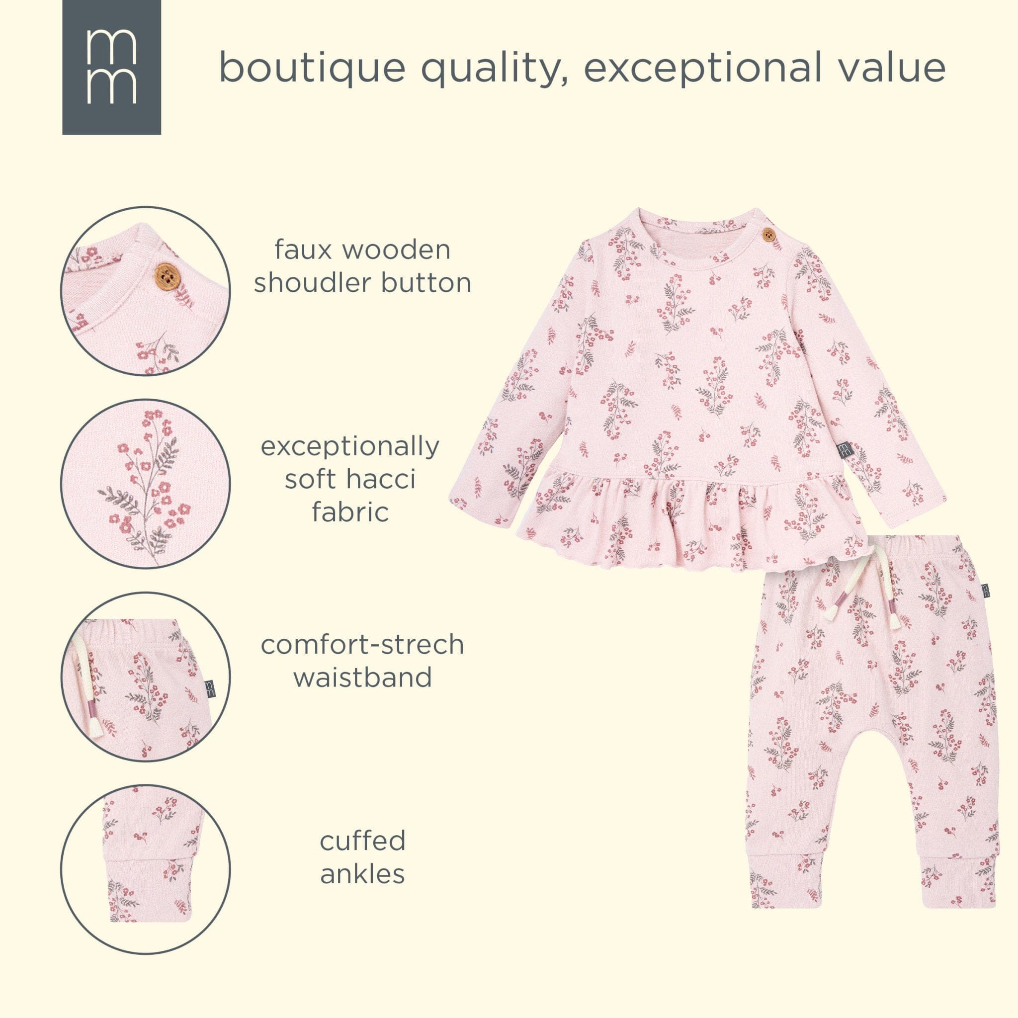 2-Piece Baby Girls Blush Floral Hacci Peplum Top and Pants - Image 8