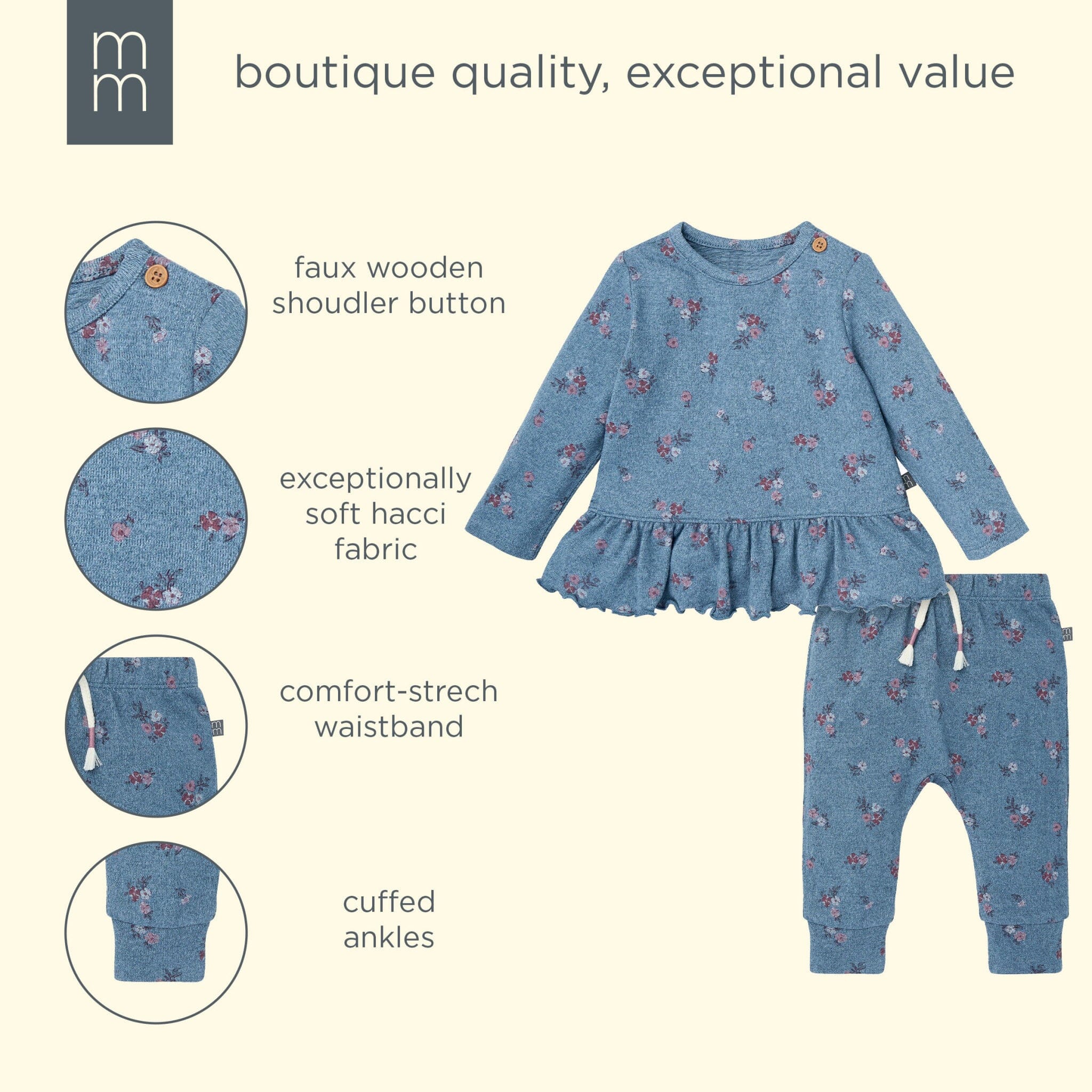 2-Piece Baby Girls Blue Floral Hacci Peplum Top and Pants - Image 8