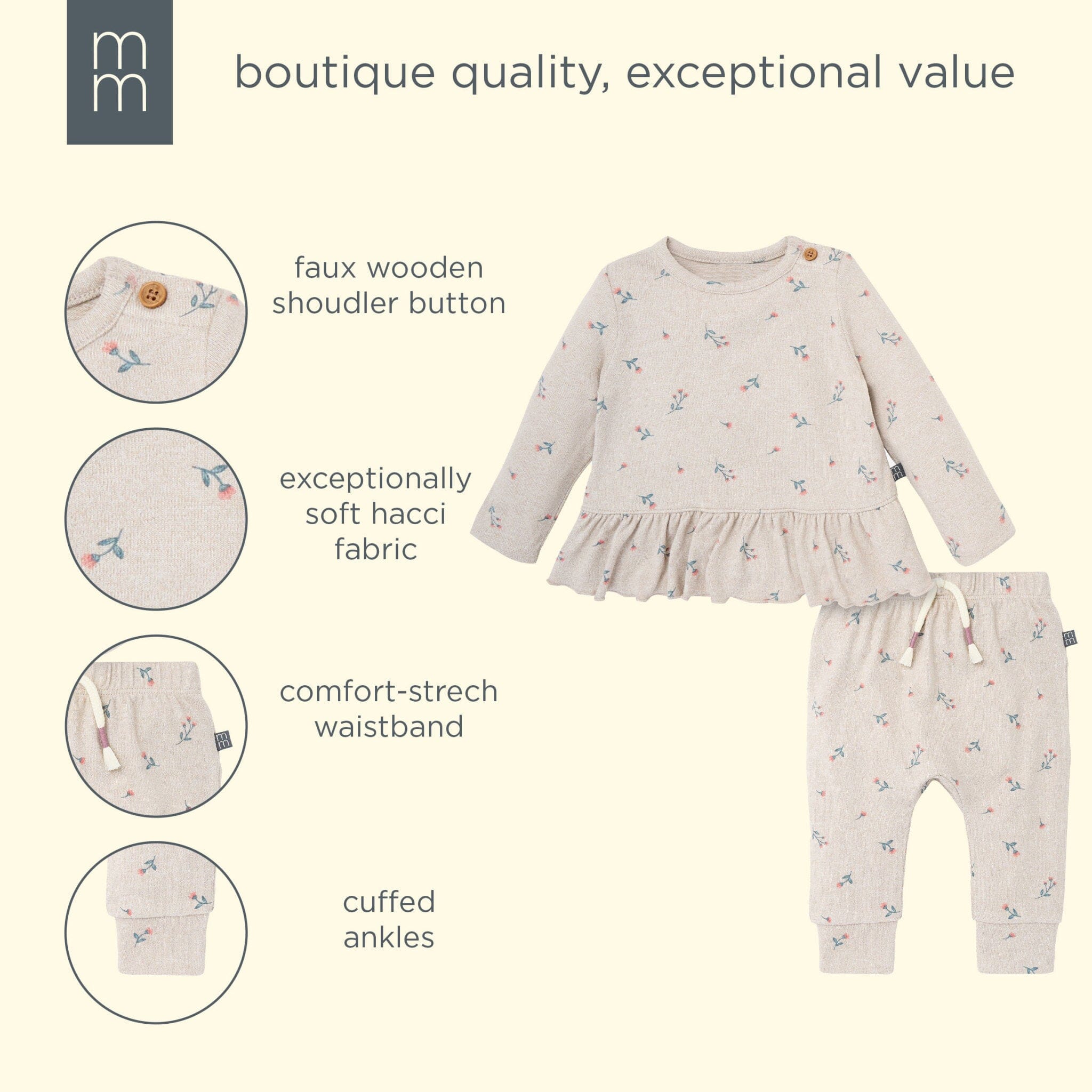 2-Piece Baby Girls Beige Tossed Floral Hacci Peplum Top and Pants - Image 8
