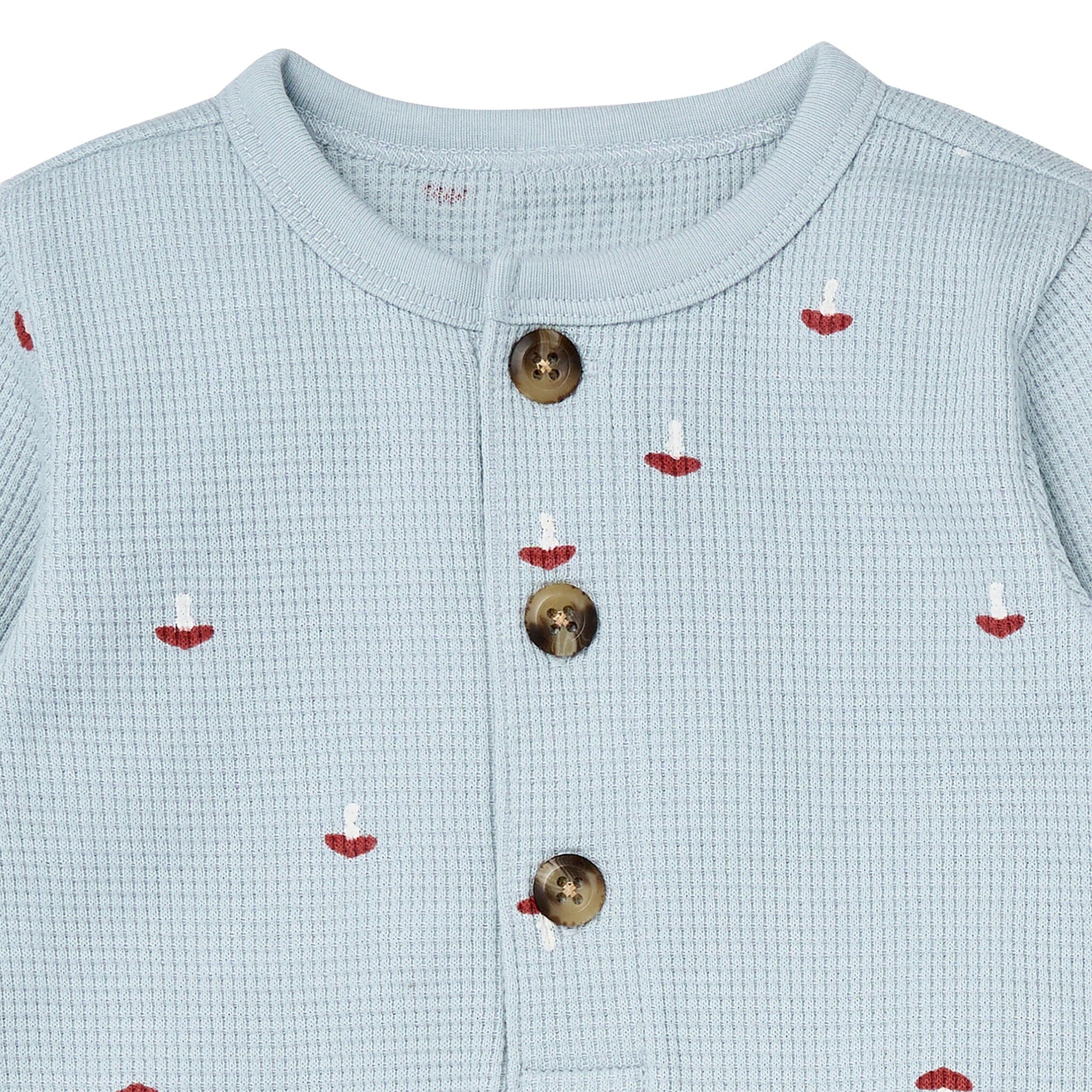 Baby Boys Blue Mushroom Waffle Slouch Romper - Image 2