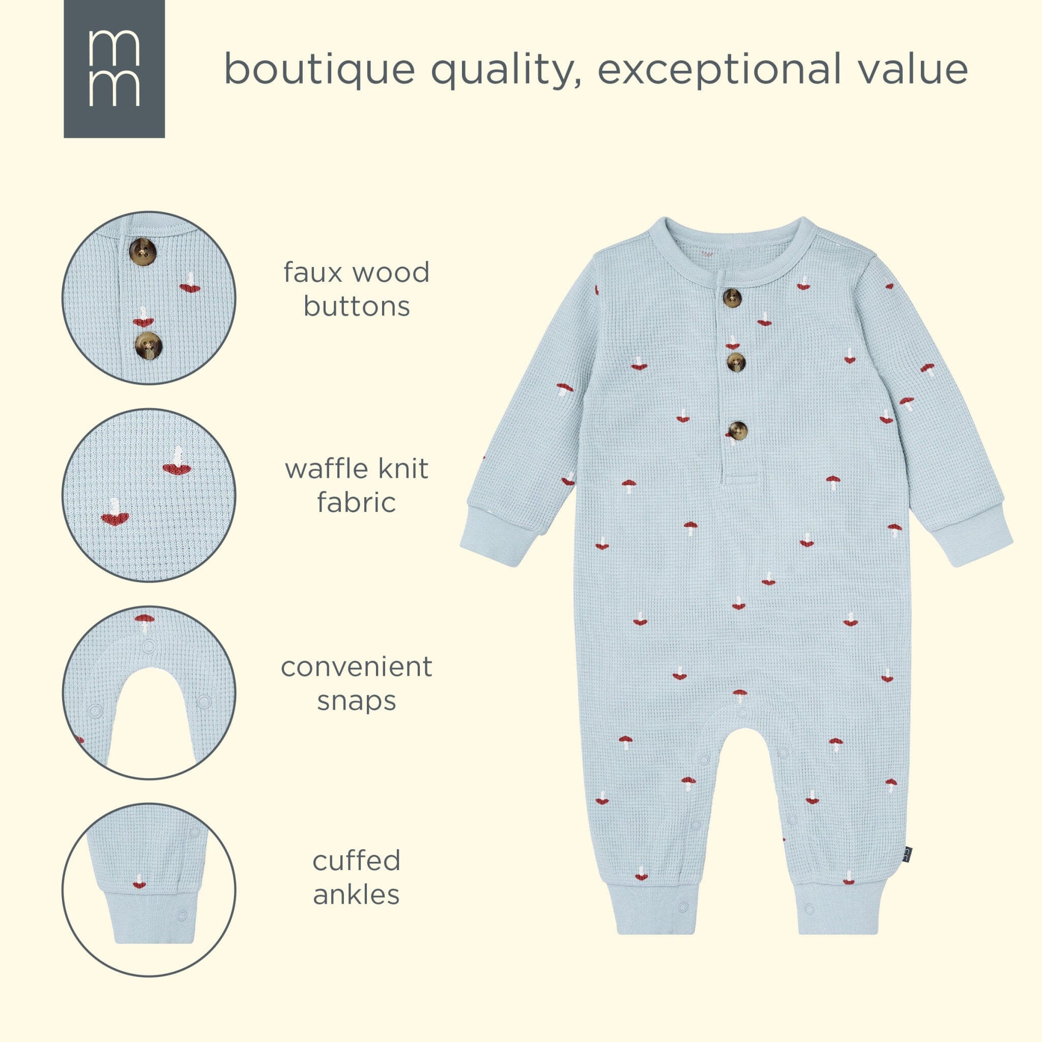 Baby Boys Blue Mushroom Waffle Slouch Romper - Image 5