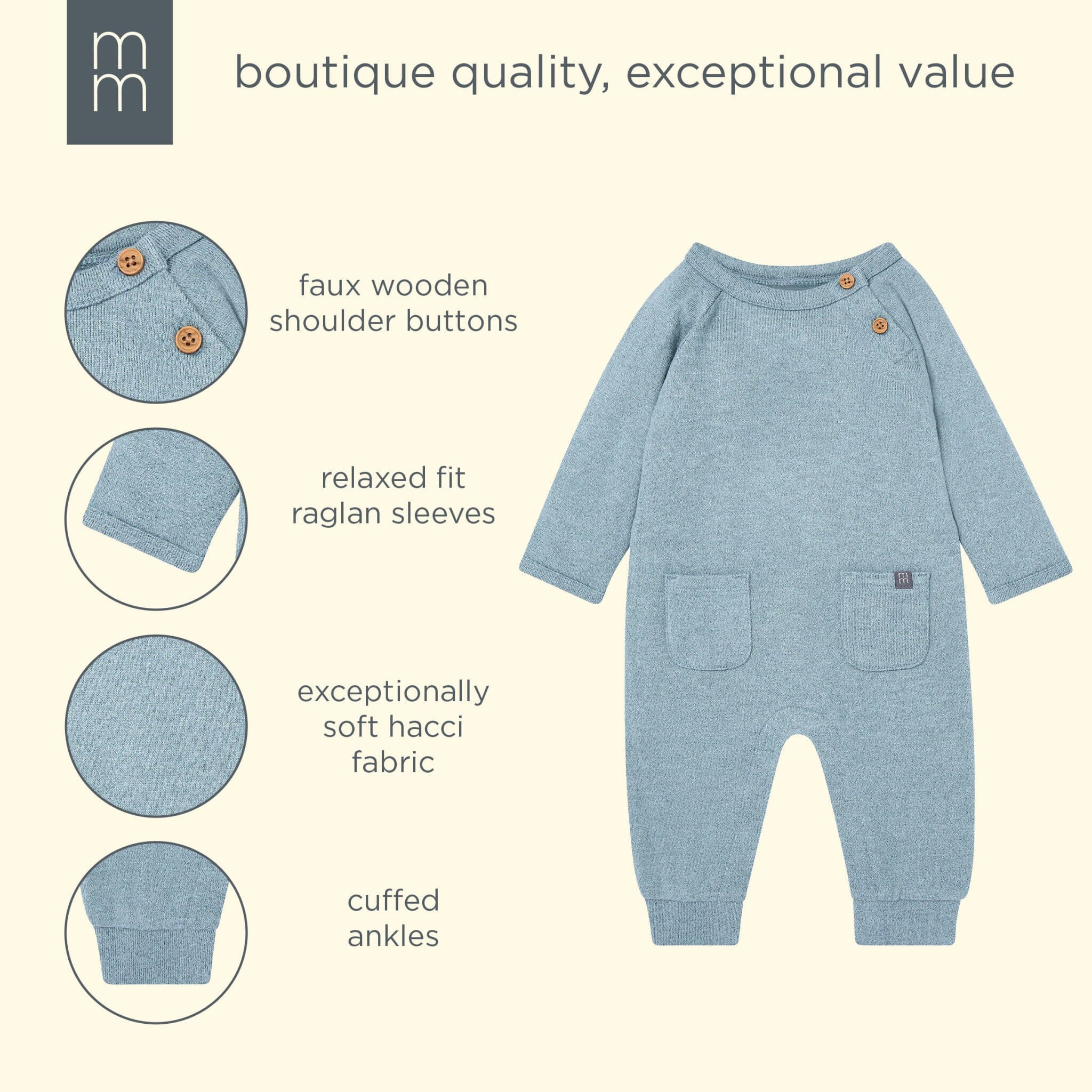 Baby Boys Teal Heather Hacci Long Sleeve Romper - Image 5