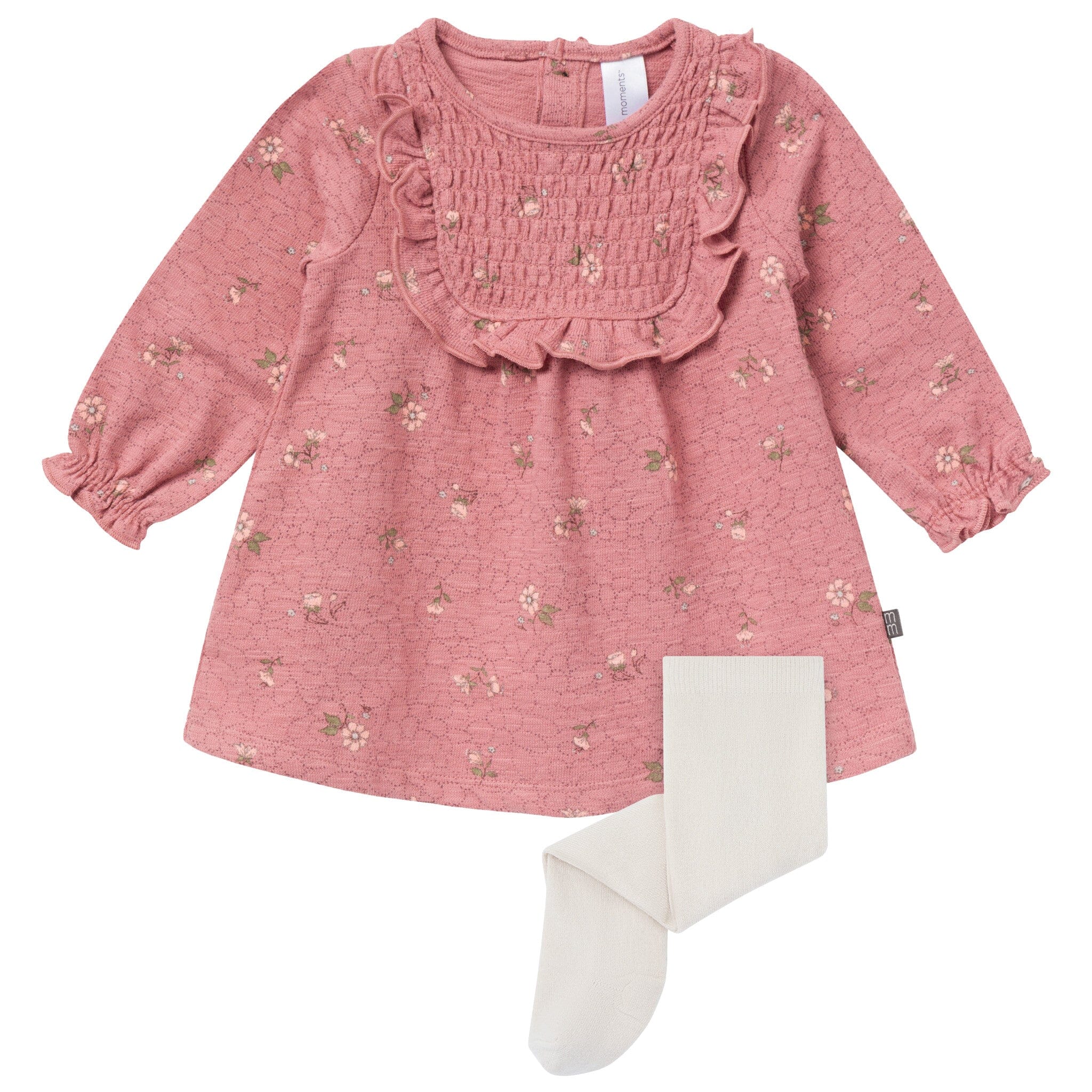 2-Piece Baby Girls Old Rose Floral Dress and Tights Set