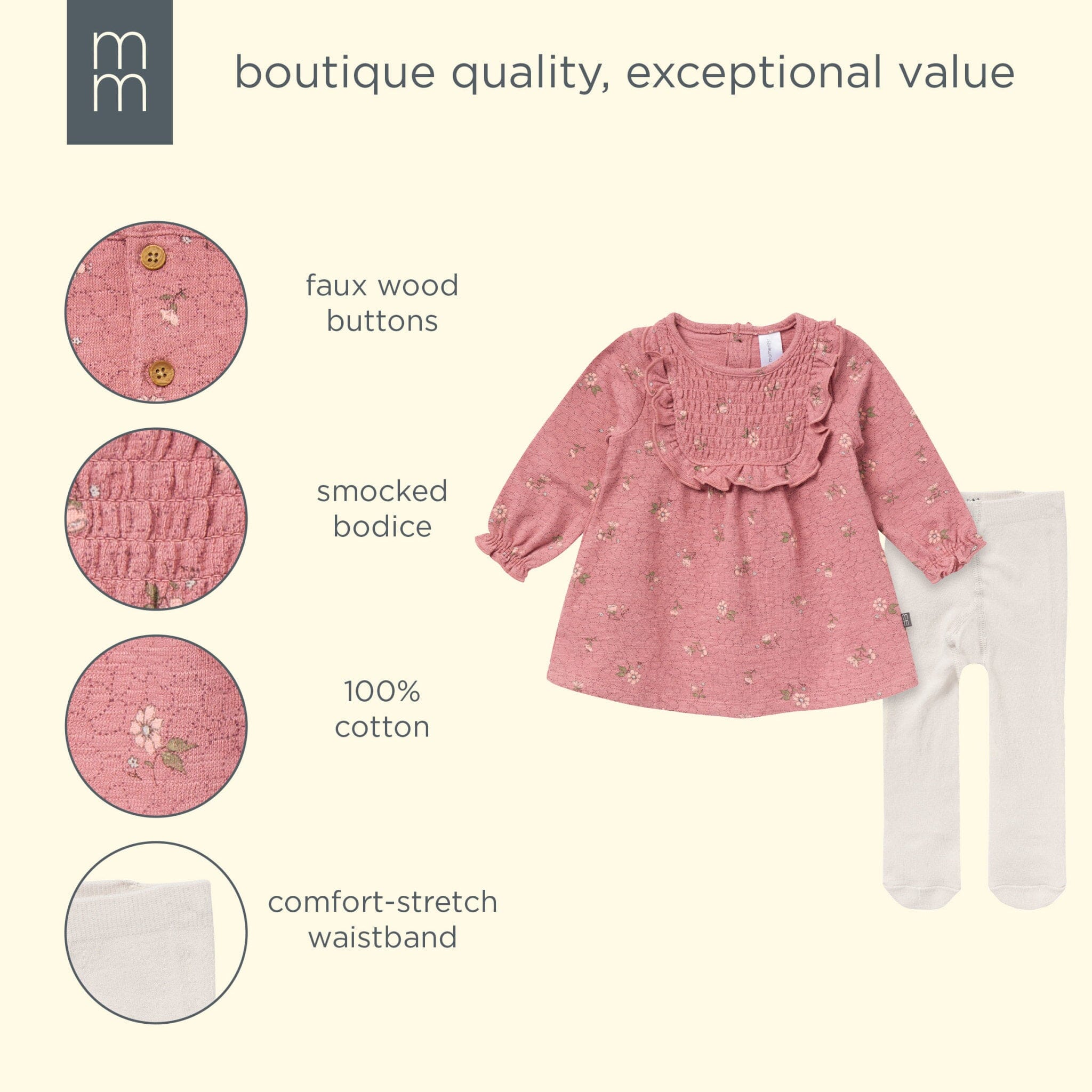 2-Piece Baby Girls Old Rose Floral Dress and Tights Set - Image 9