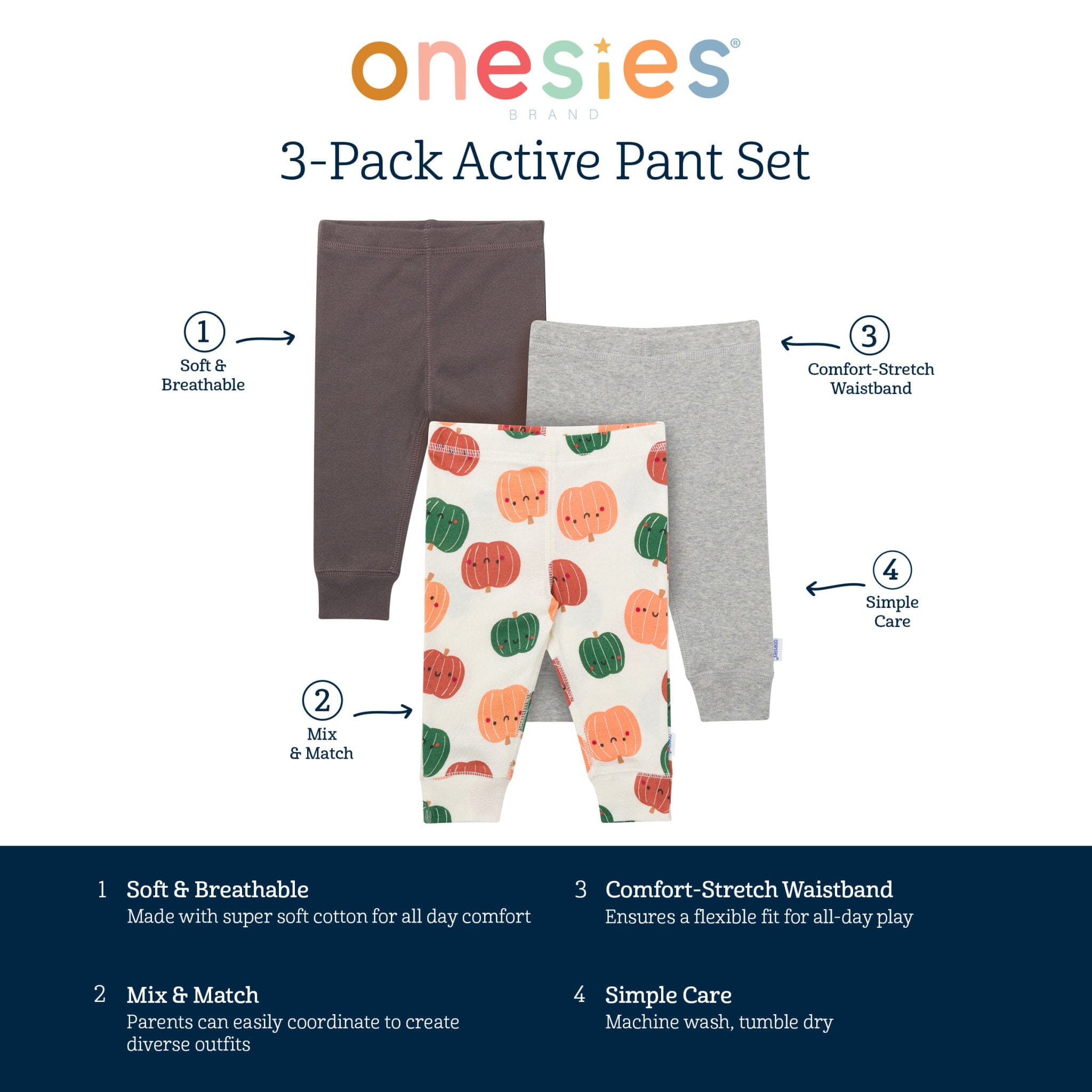 3-Pack Baby Neutral Pumpkins Active Pants - Image 2