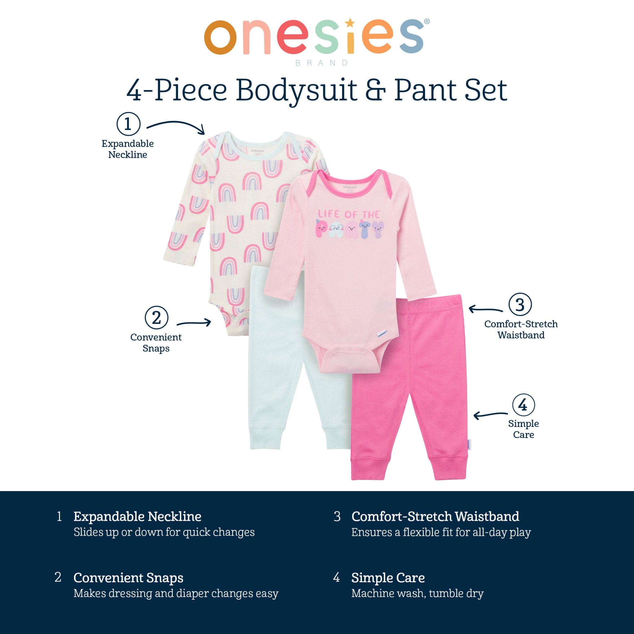 4-Piece Baby Girls Party Rainbow Onesies® Bodysuits and Pants - Image 8