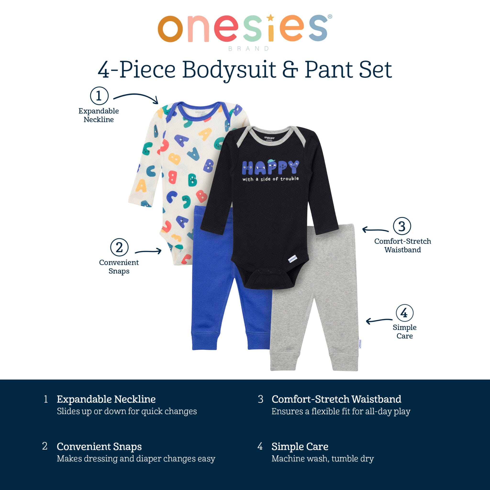 4-Piece Baby Boys Happy Letters Onesies® Bodysuits and Pants - Image 6