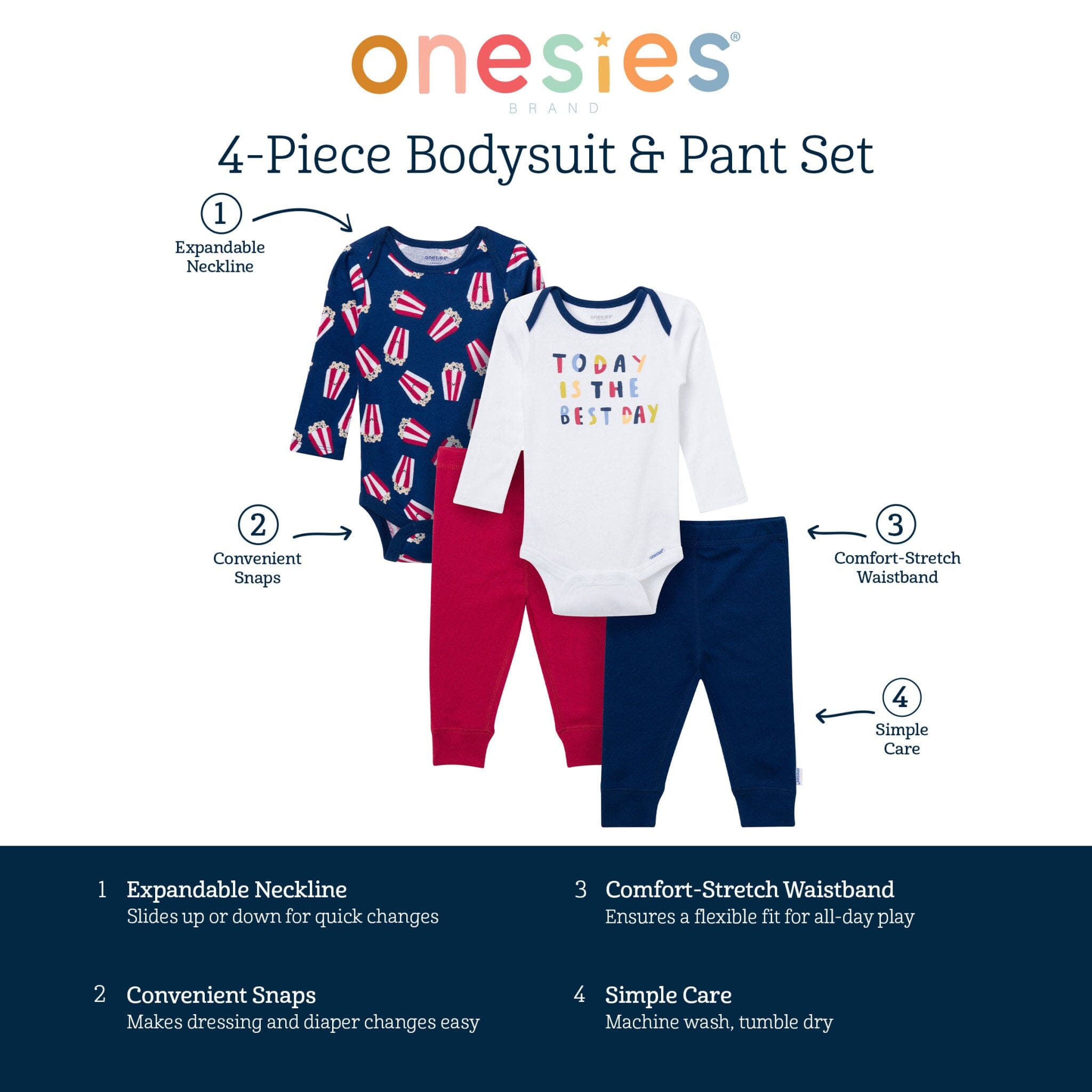 4-Piece Baby Boys Best Popcorn Day Onesies® Bodysuits and Pants - Image 8