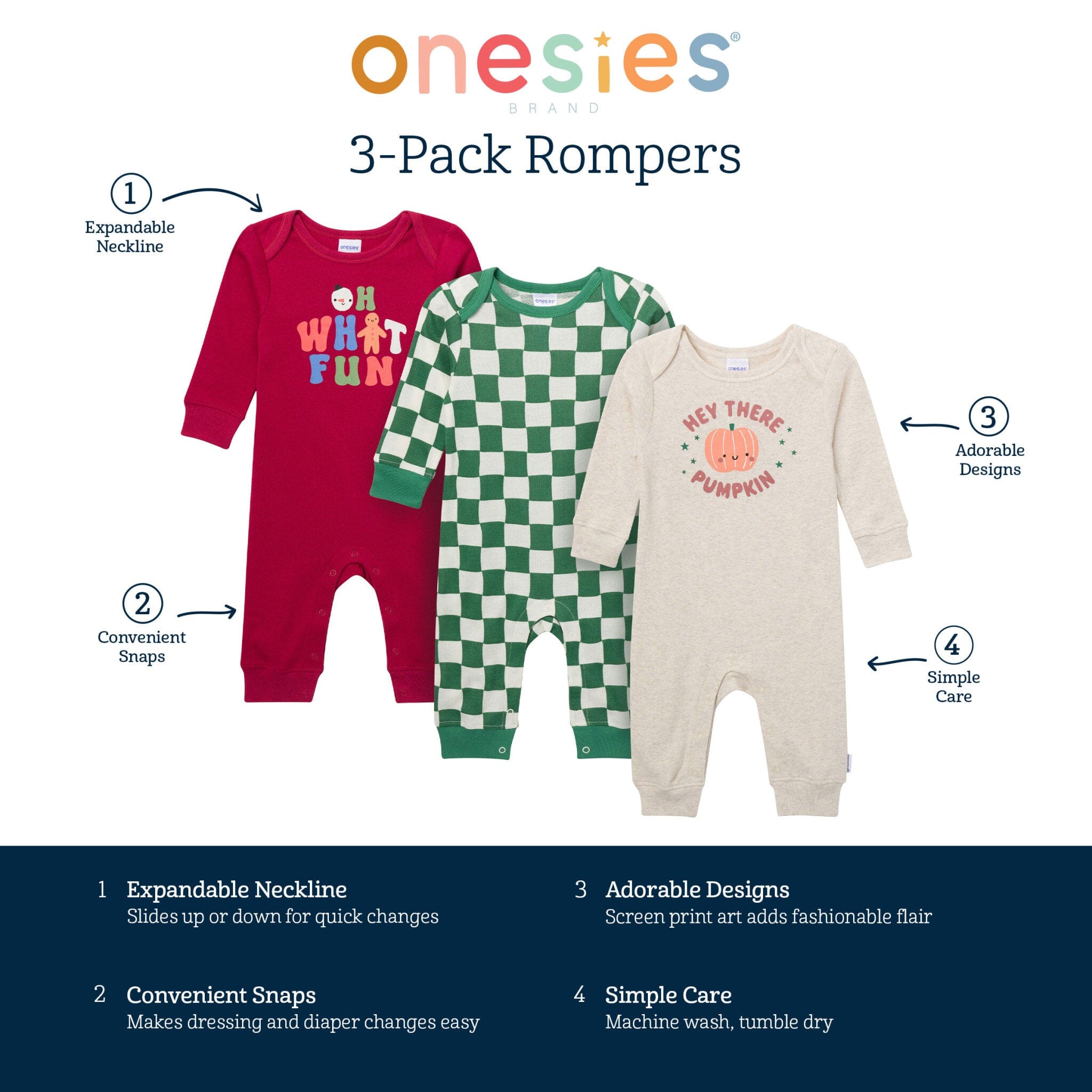 3-Pack Baby Neutral What Fun Pumpkin Lap Shoulder Rompers - Image 9